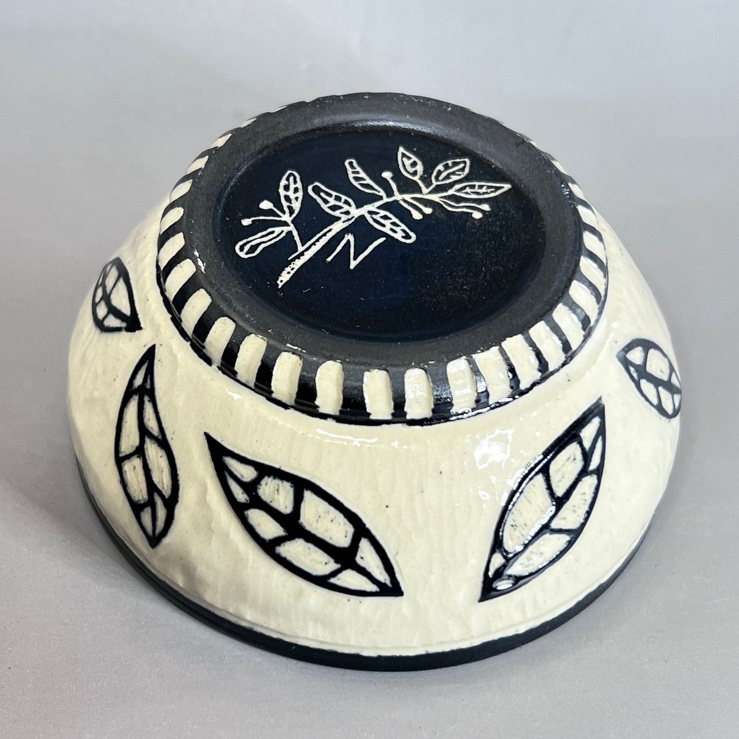 Sgraffito Stoneware Bowl, Celadon Glaze, Leaf Design