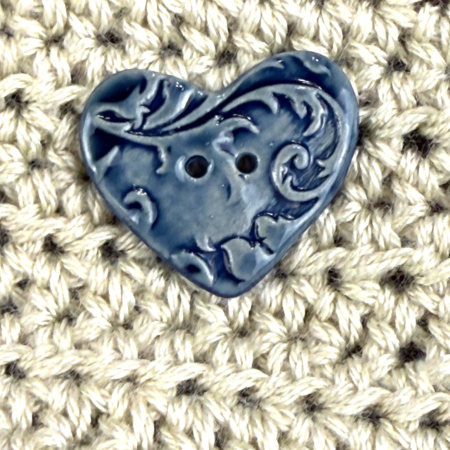 Dark Blue Patterned Heart Ceramic Button
