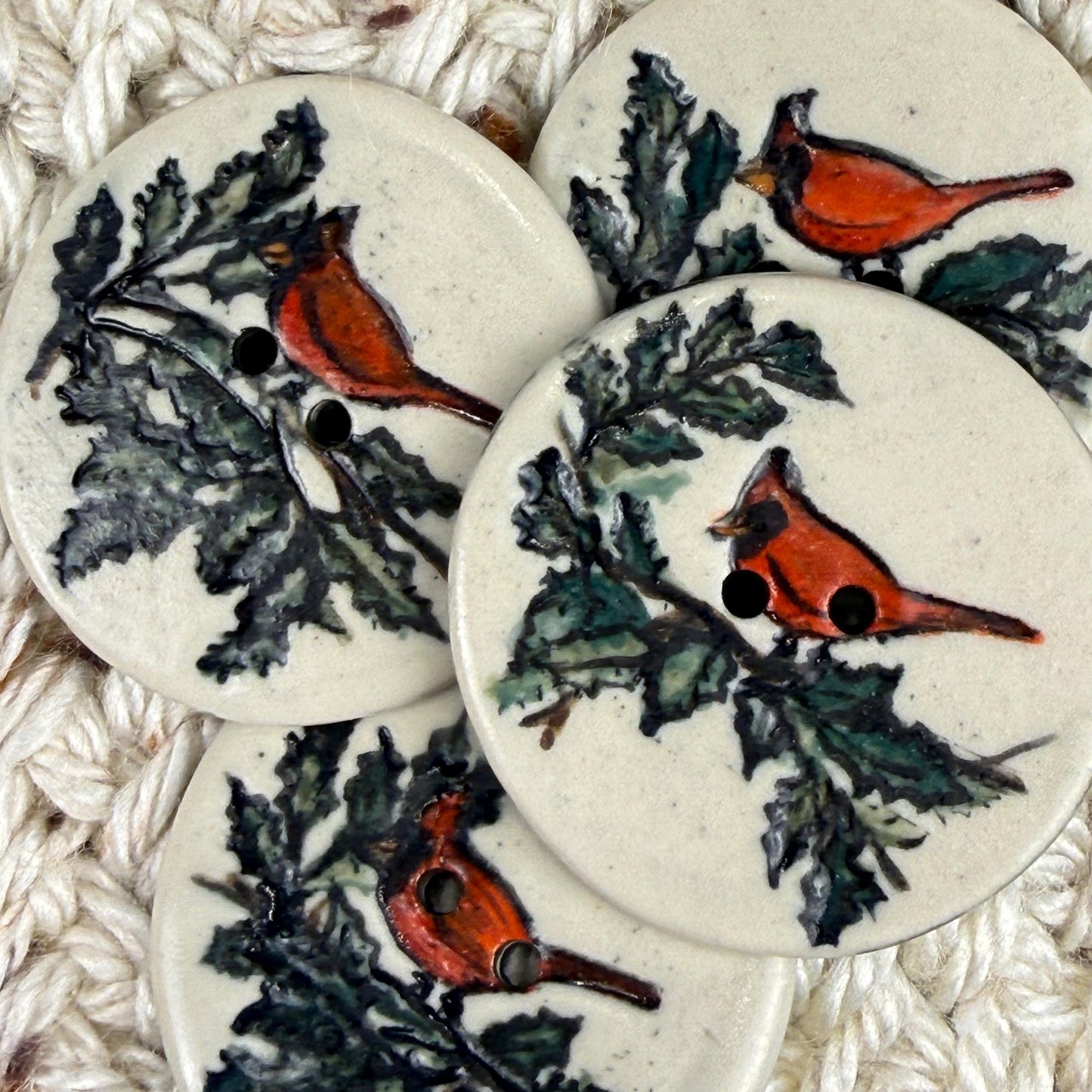 Red Cardinal With Holly on White Round Button