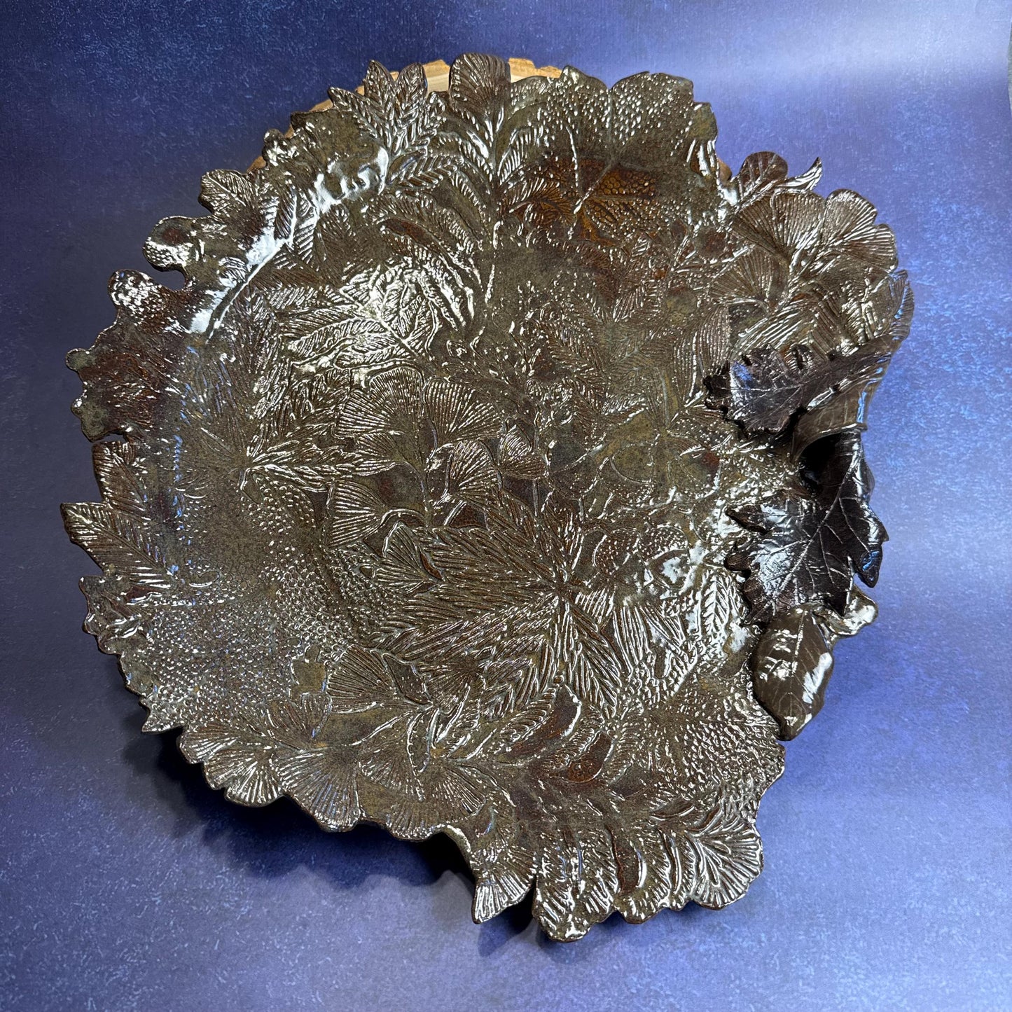 Large Brown and Green Leaf Organic Shaped Serving Plate/Platter