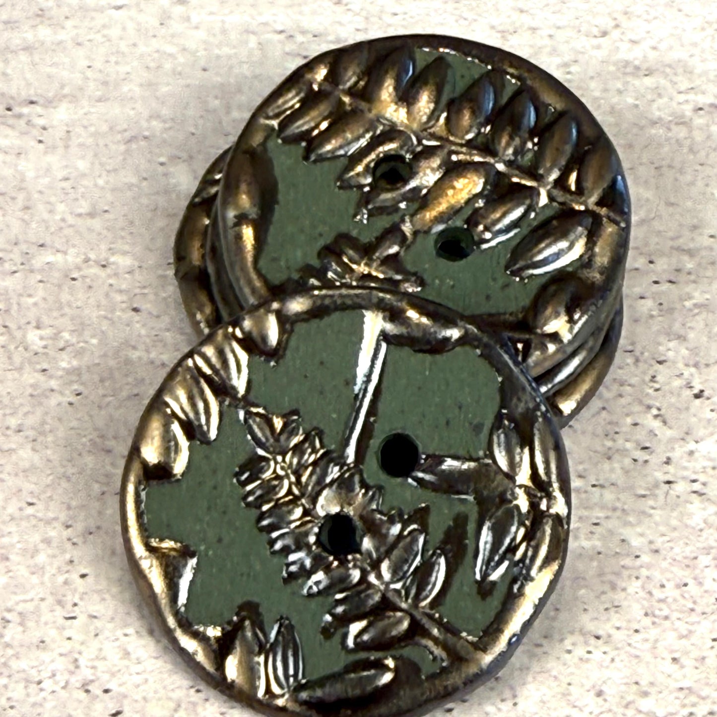 Gold Fern Leaves on Green Porcelain Round Buttons