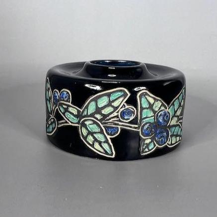 Decorative Blue Berries and Leaves Sgraffito Design Bud Vase