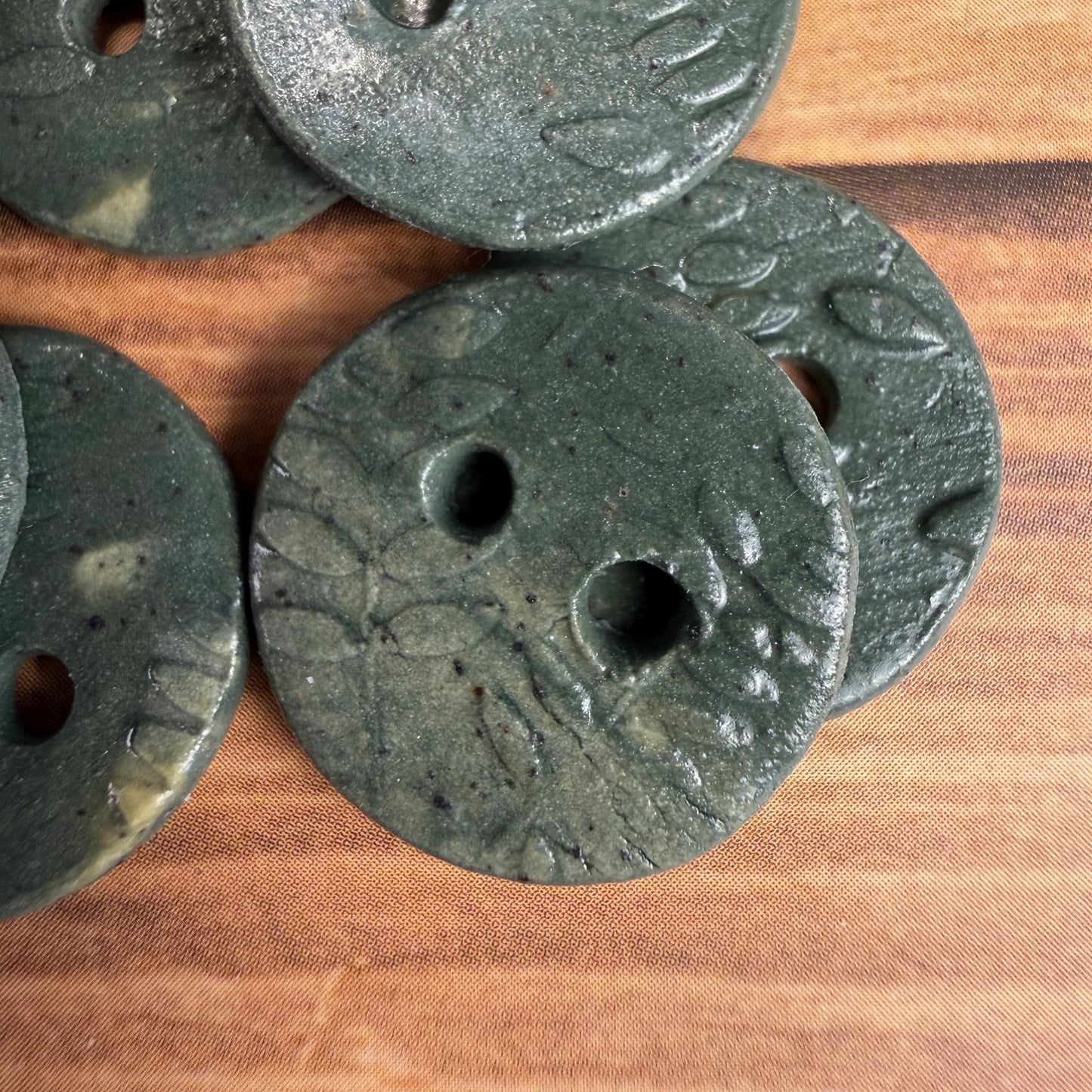 5 Tiny Green Porcelain Buttons with Fern Pattern
