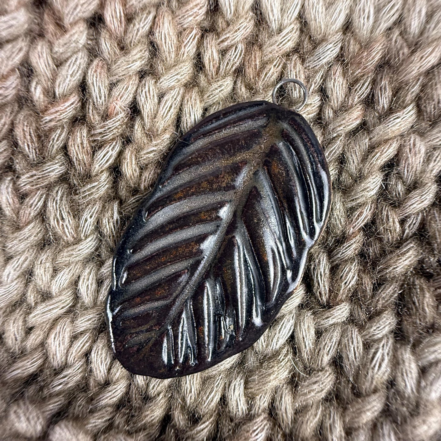 Deep Black and Copper Leaf Ceramic Pendant