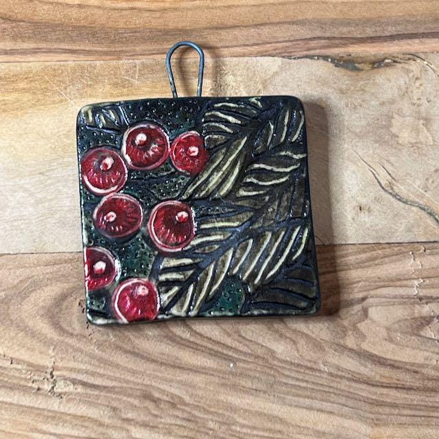 Red Berries and Textures in Black Ceramic Pendants