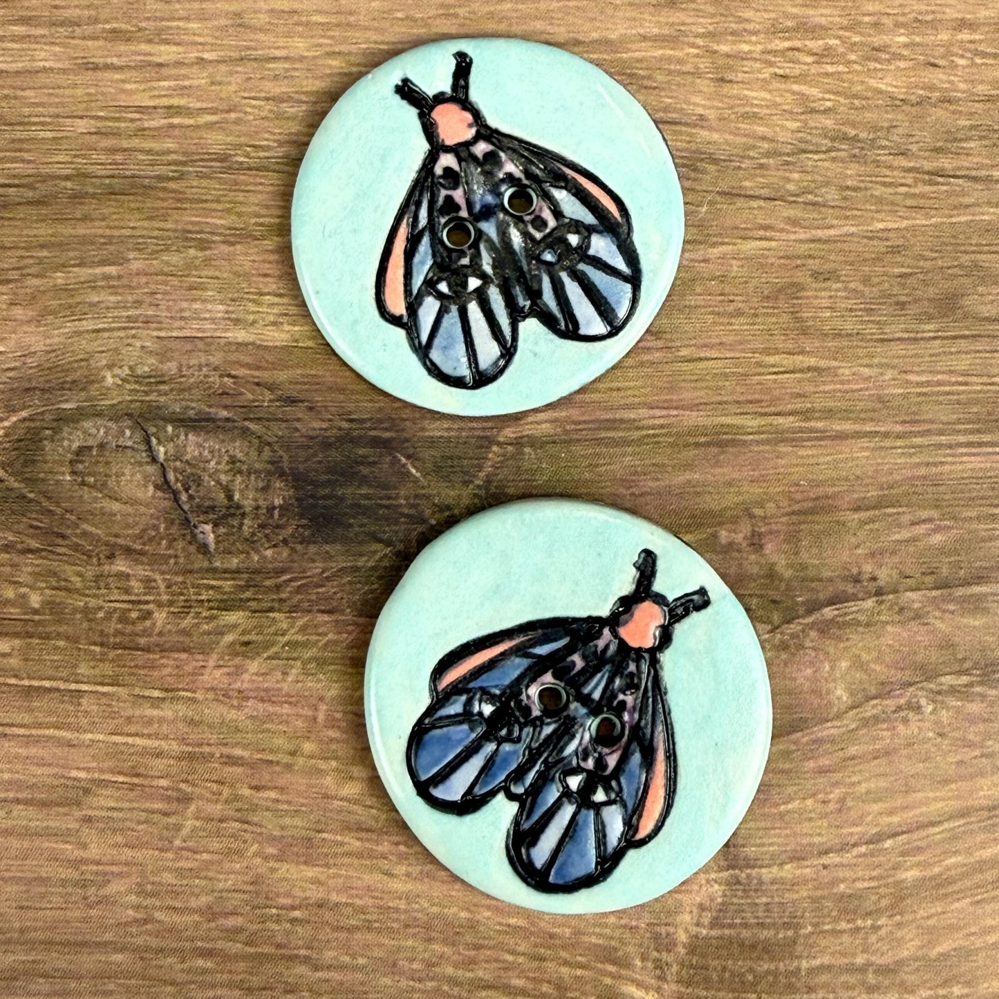 Blue Moth with Eyes on  Aqua Blue Ceramic Button