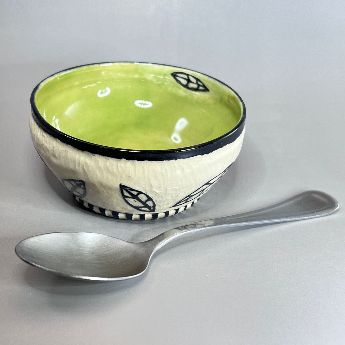 Sgraffito Stoneware Bowl, Celadon Glaze, Leaf Design