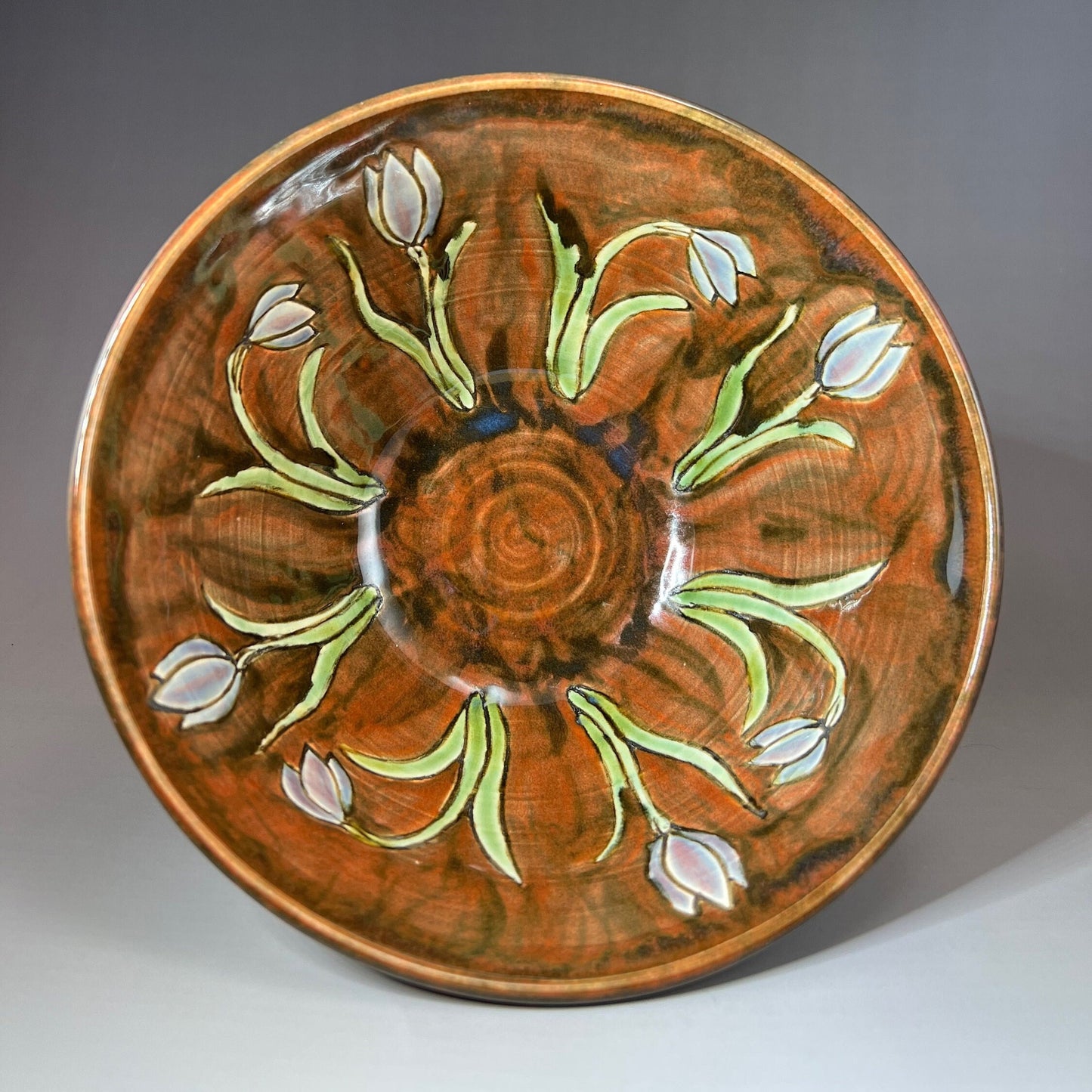 Brown Serving Bowl with Tulips