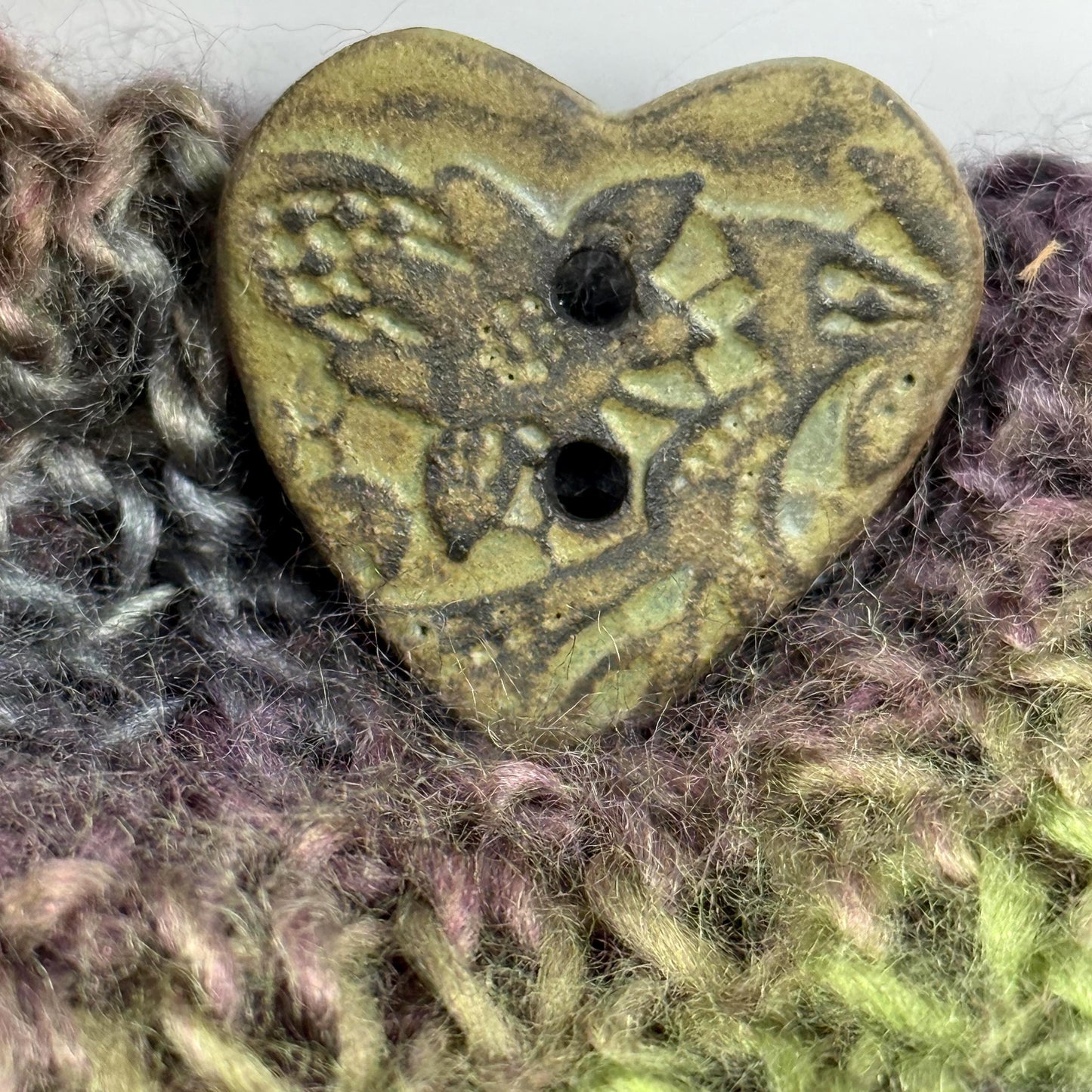 Matcha Green Floral Pattern on Black Porcelain Heart Button