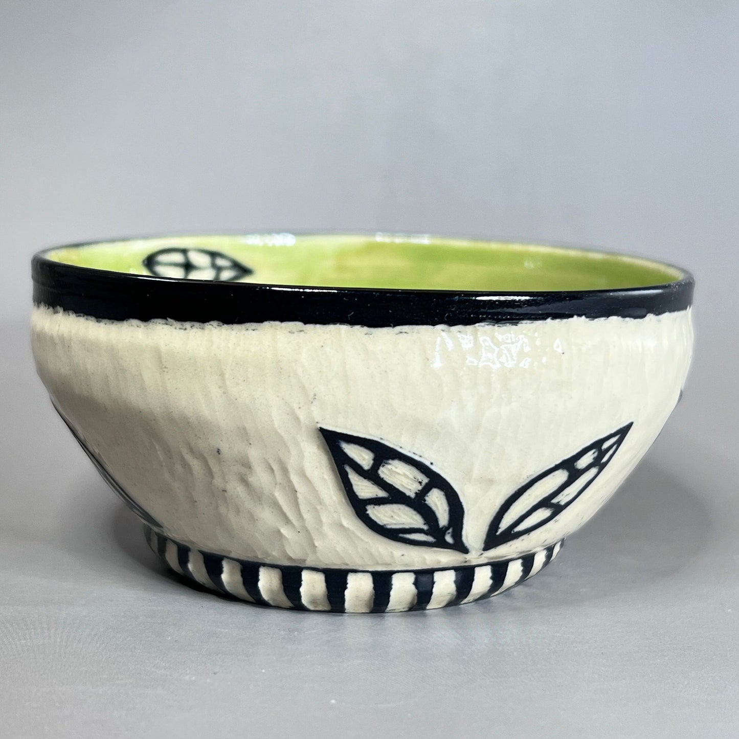 Sgraffito Stoneware Bowl, Celadon Glaze, Leaf Design