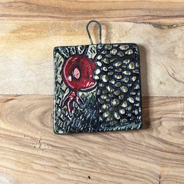 Red Berries and Textures in Black Ceramic Pendants