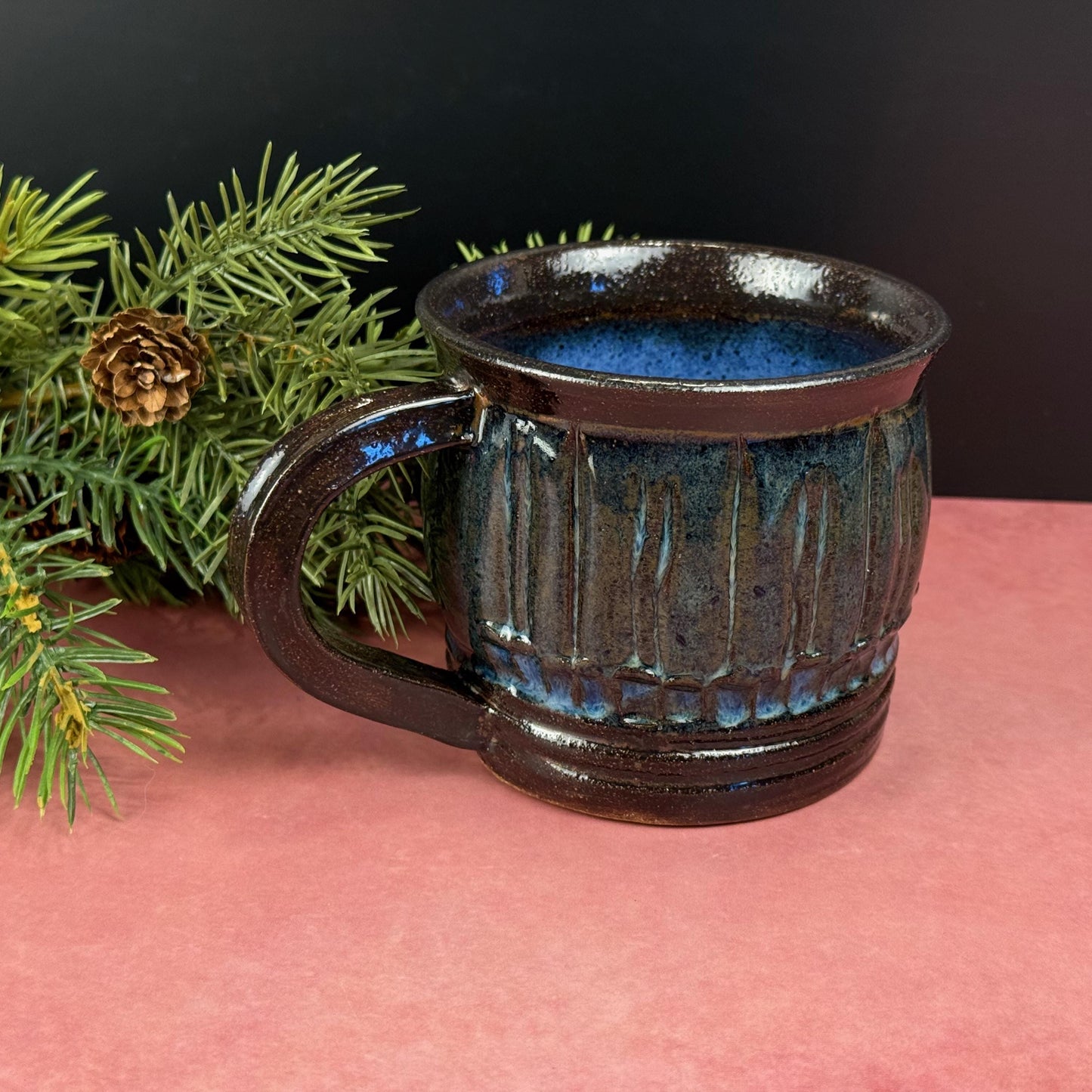 Midnight Blue and Brown Carved Rustic Mug