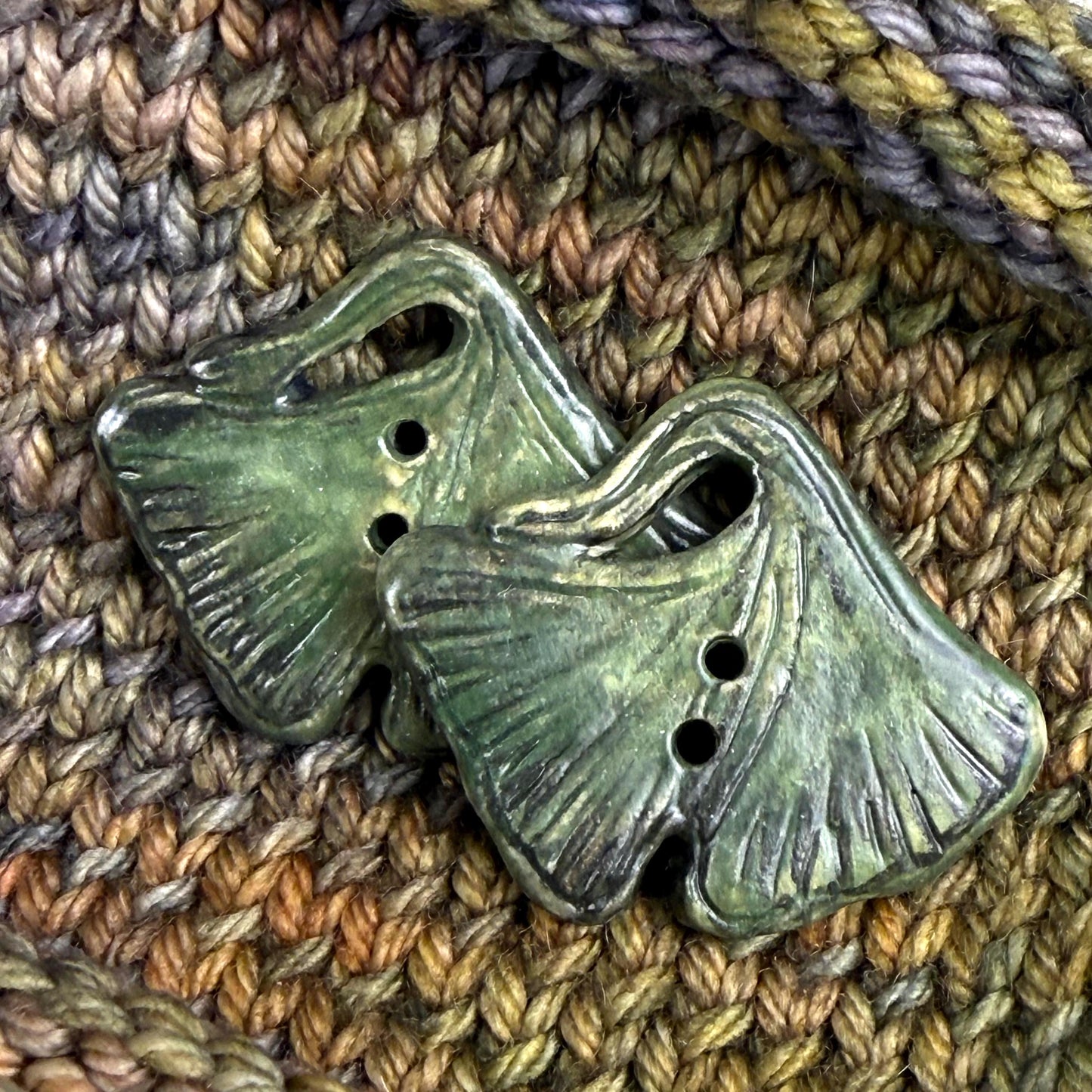 Carved Green Ginkgo Ceramic Button with Dark Green Details