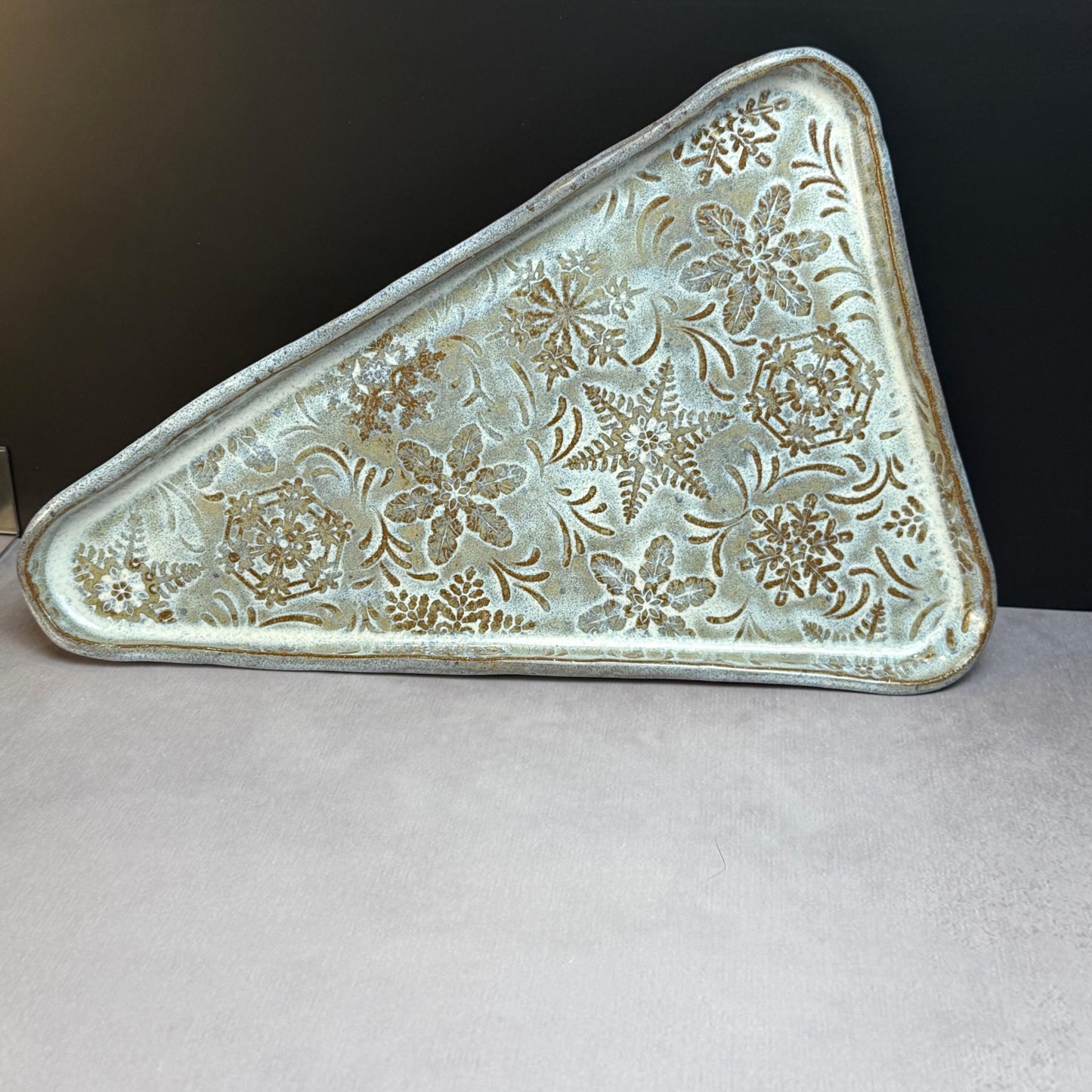 MCM Tree Shaped Tray with Snowflake Pattern White on Brown Stoneware