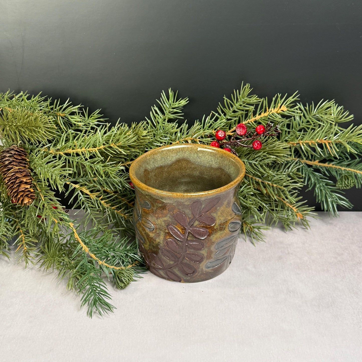 Brown Leaves on a Brown and Green Stoneware Pot/Desk Caddy