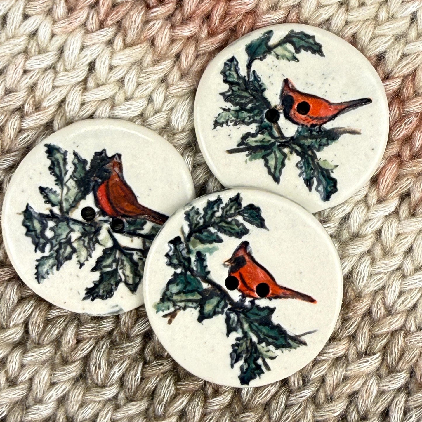 Red Cardinal With Holly on White Round Button