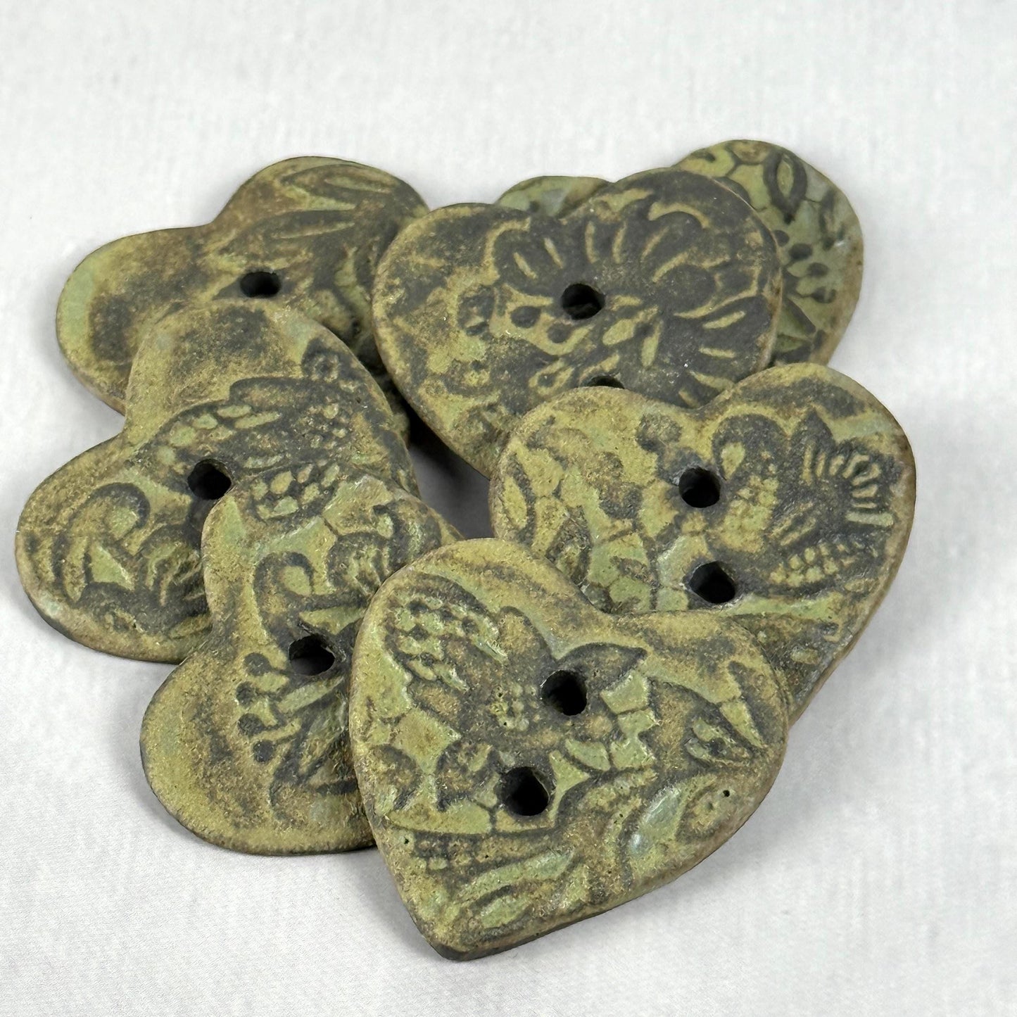 Matcha Green Floral Pattern on Black Porcelain Heart Button