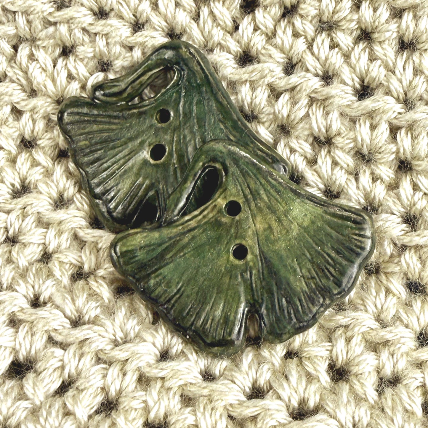 Carved Green Ginkgo Ceramic Button with Dark Green Details