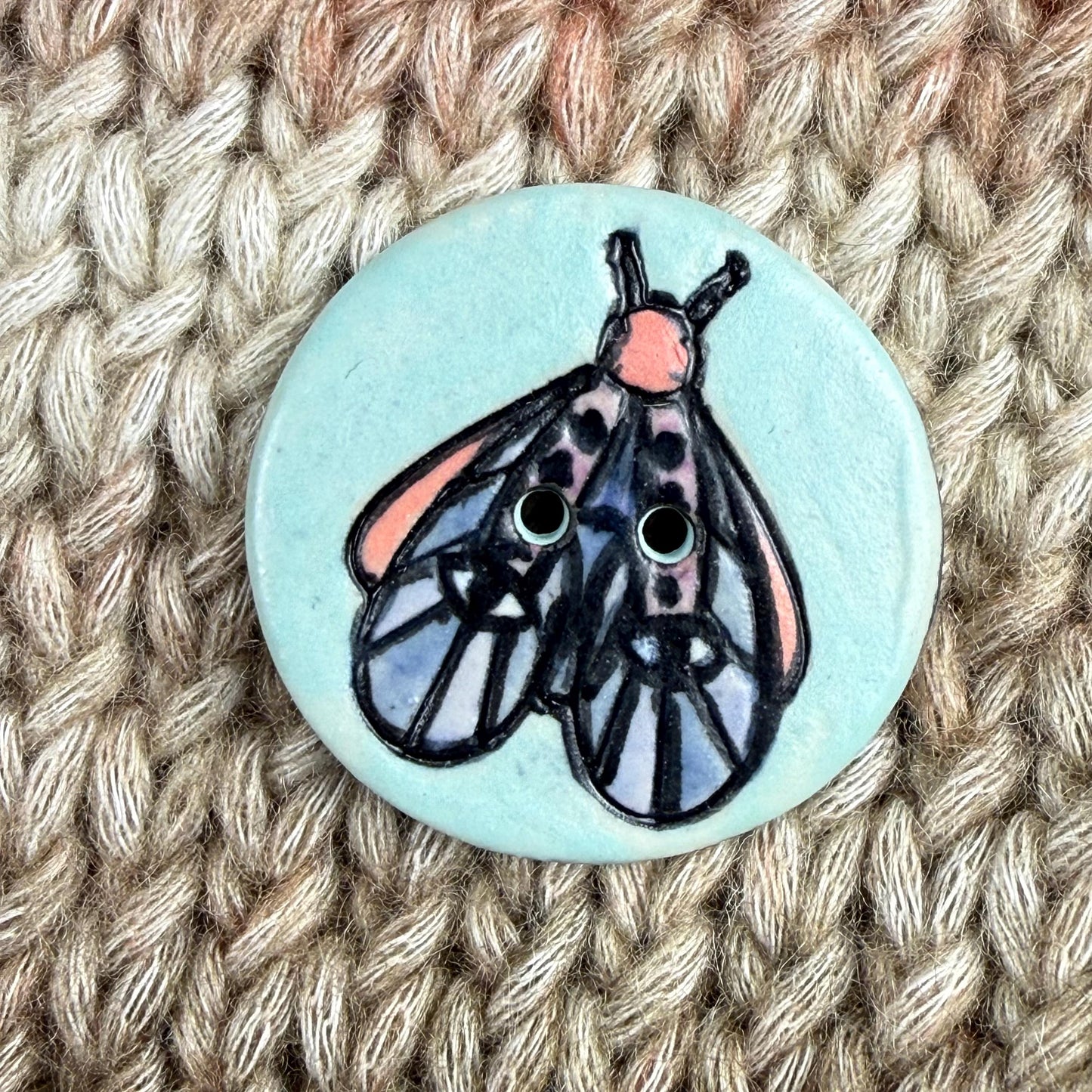 Blue Moth with Eyes on  Aqua Blue Ceramic Button