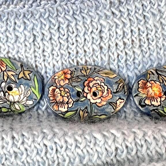 Cottage Garden Flowers on Blue Oval Buttons