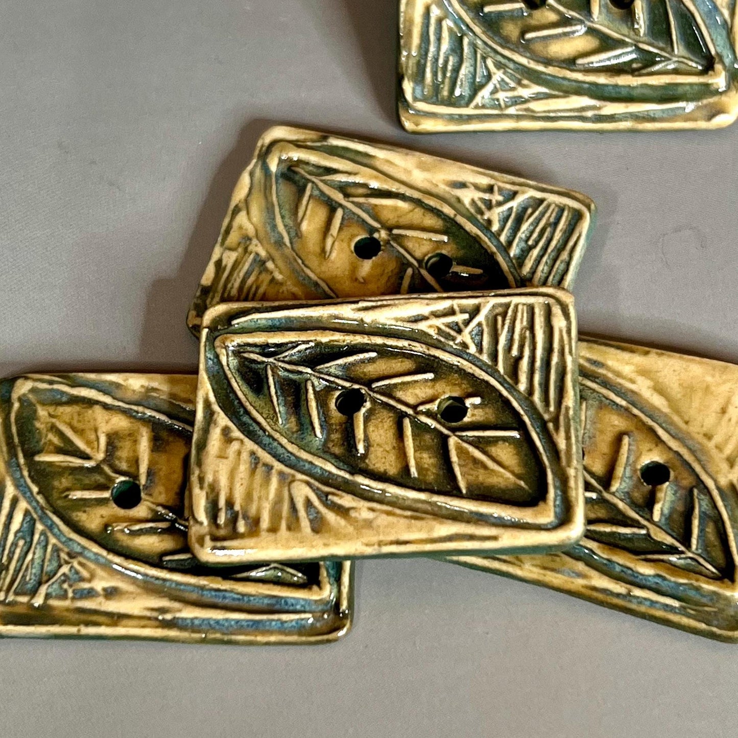 Large Green and YellowStamped Leaf Ceramic Artisan Button