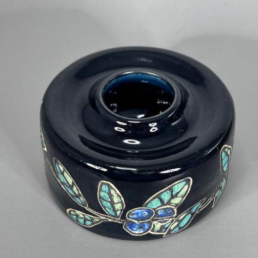 Decorative Blue Berries and Leaves Sgraffito Design Bud Vase