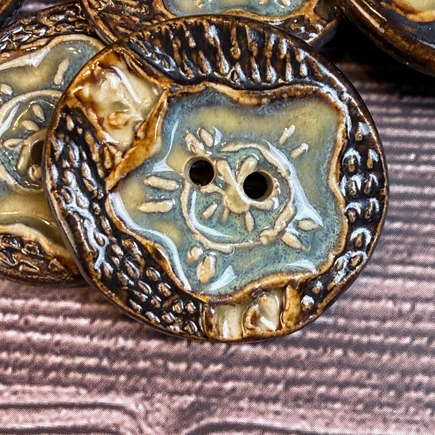 Turquoise Blue and Copper Flower and Leaf Ceramic Button
