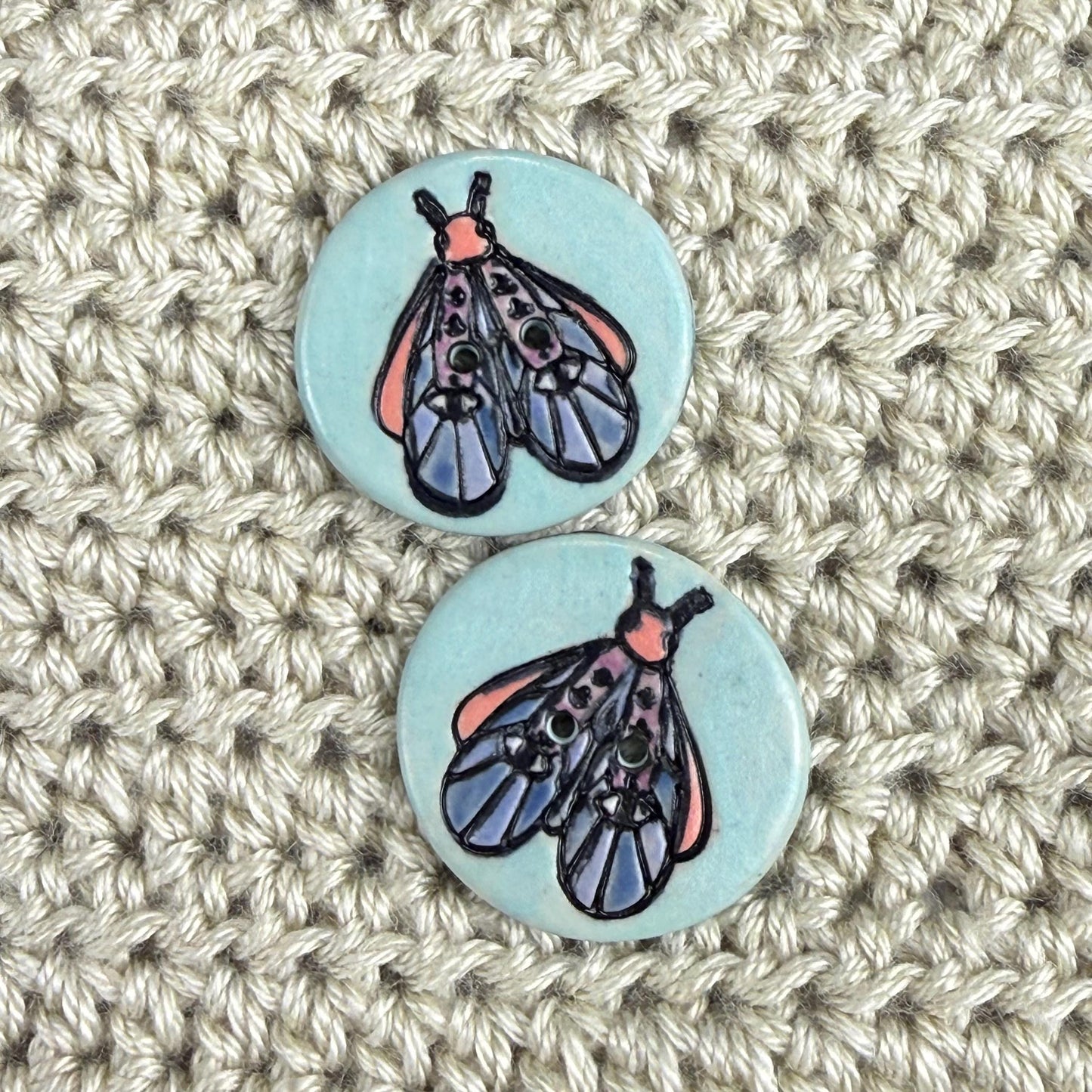 Blue Moth with Eyes on  Aqua Blue Ceramic Button