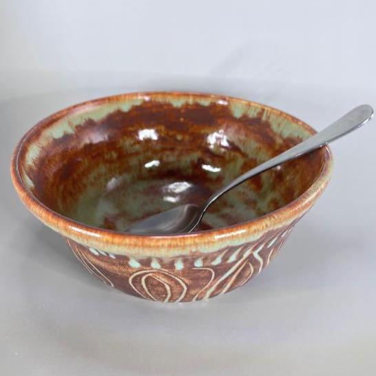 Brown and Turquoise Carved Serving Bowl/Fruit Bowl