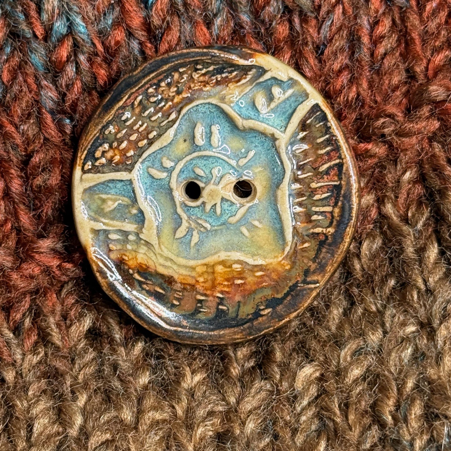 Flower and Leaf Textured Button Blue and Copper