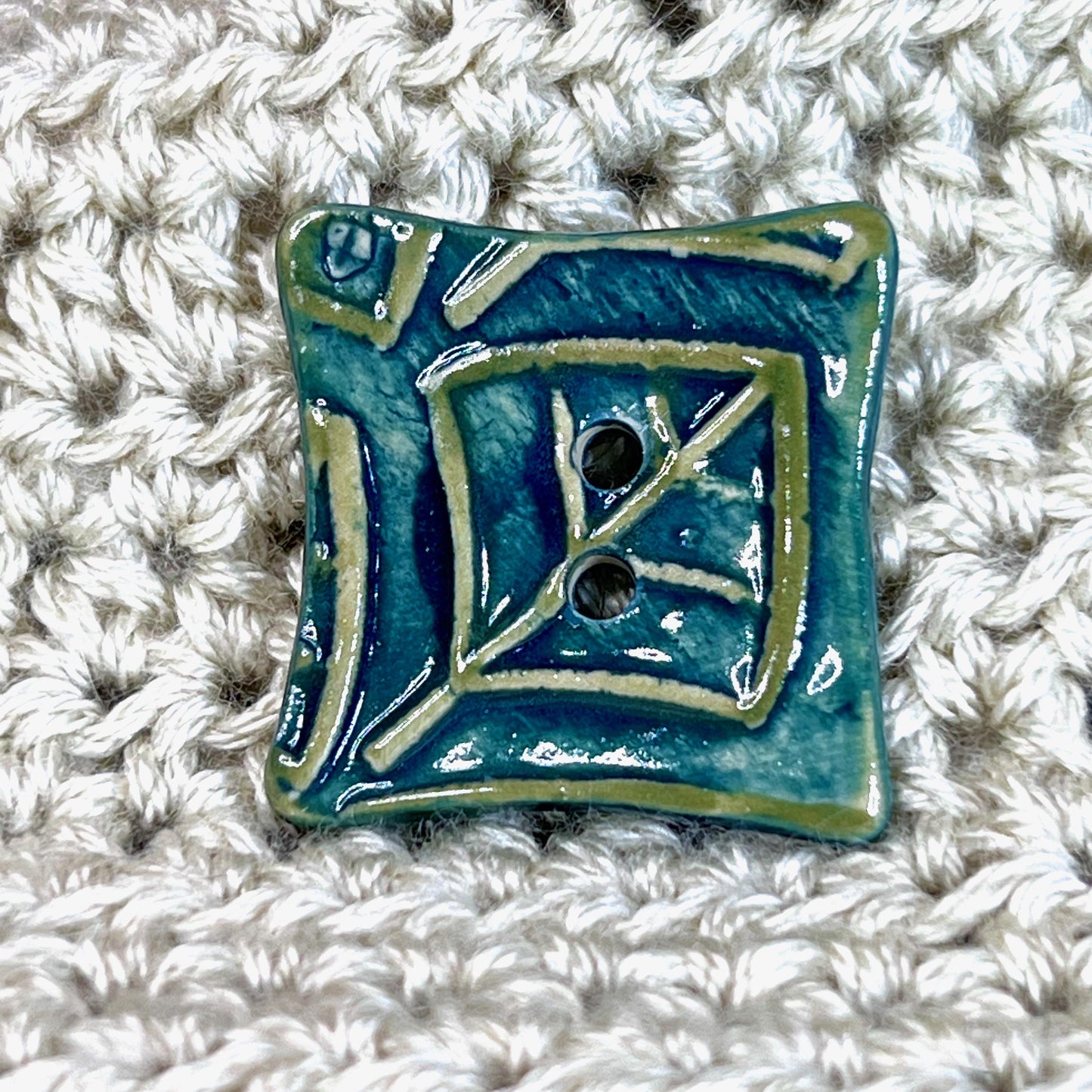 Square Green Button With Graphic Leaf Stamp 2 Holes