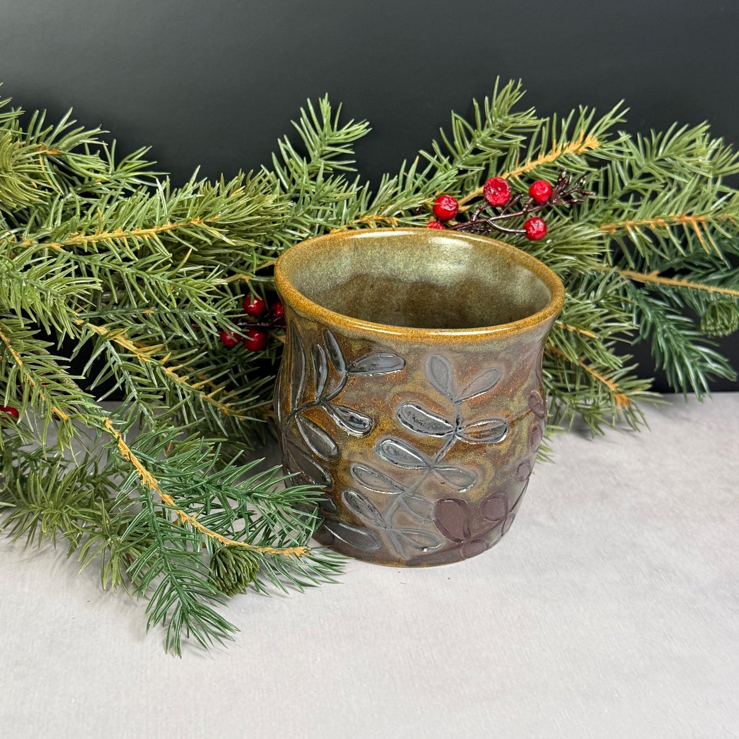 Brown Leaves on a Brown and Green Stoneware Pot/Desk Caddy