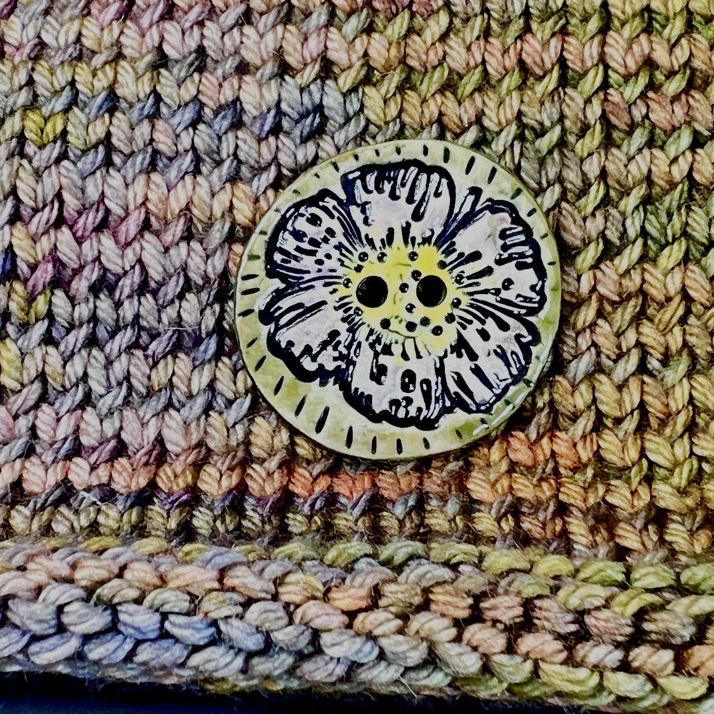 Large Button with  Light Lavender Flower and Green Border