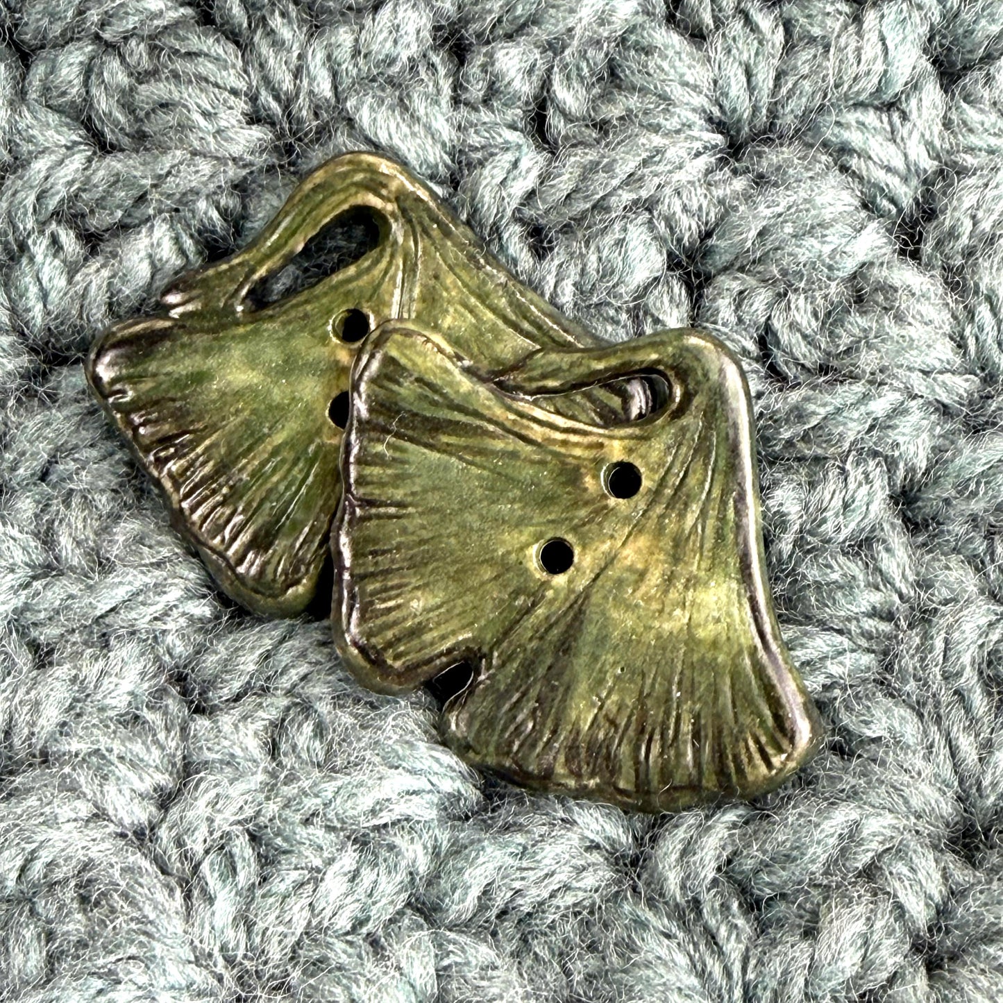 Carved Green Ginkgo Ceramic Button with Dark Green Details