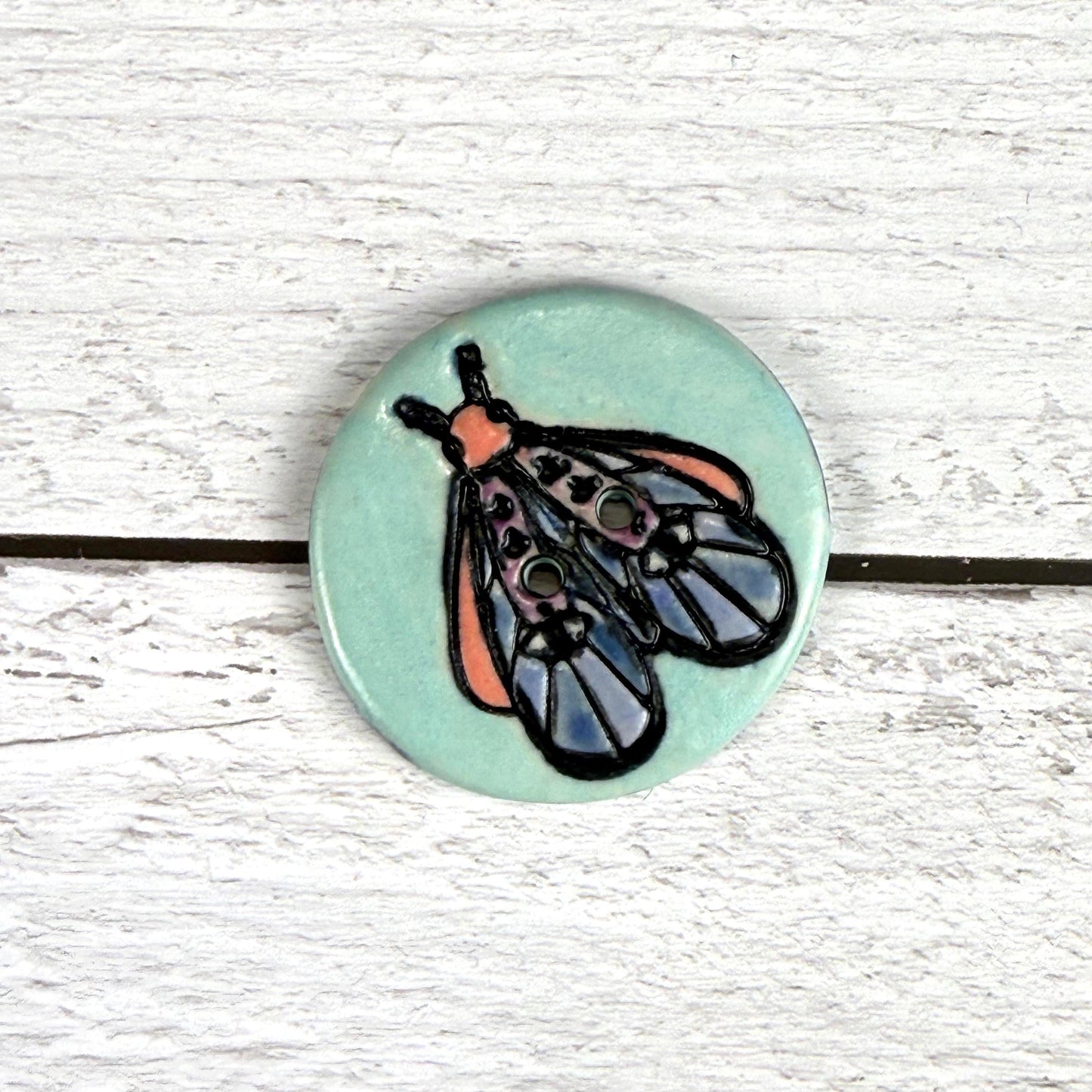 Blue Moth with Eyes on  Aqua Blue Ceramic Button