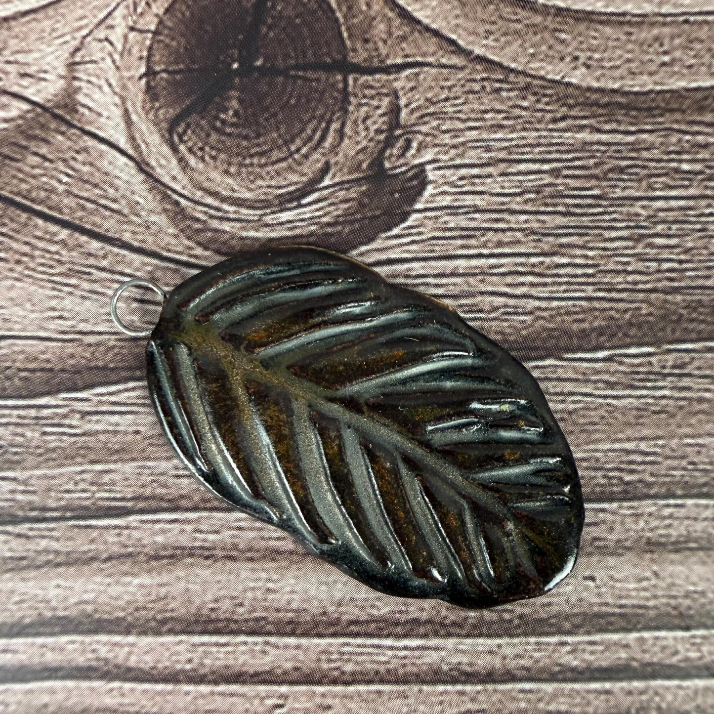 Deep Black and Copper Leaf Ceramic Pendant