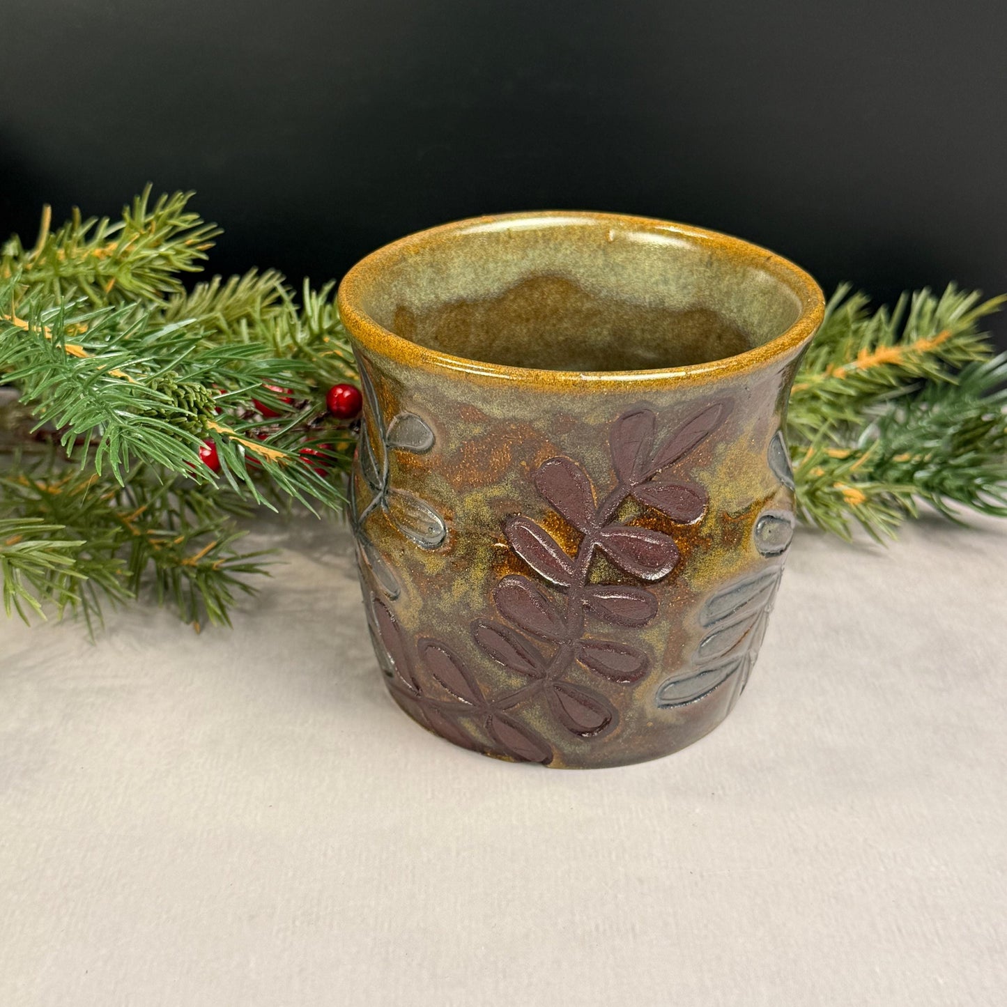 Brown Leaves on a Brown and Green Stoneware Pot/Desk Caddy