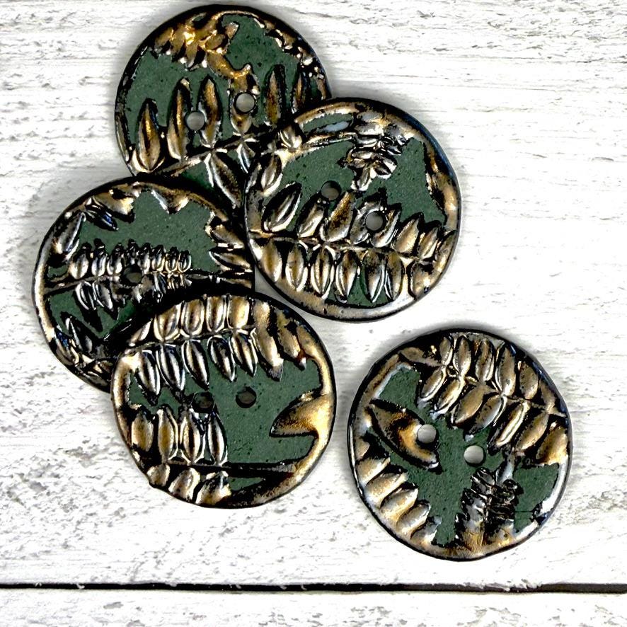 Gold Fern Leaves on Green Porcelain Round Buttons