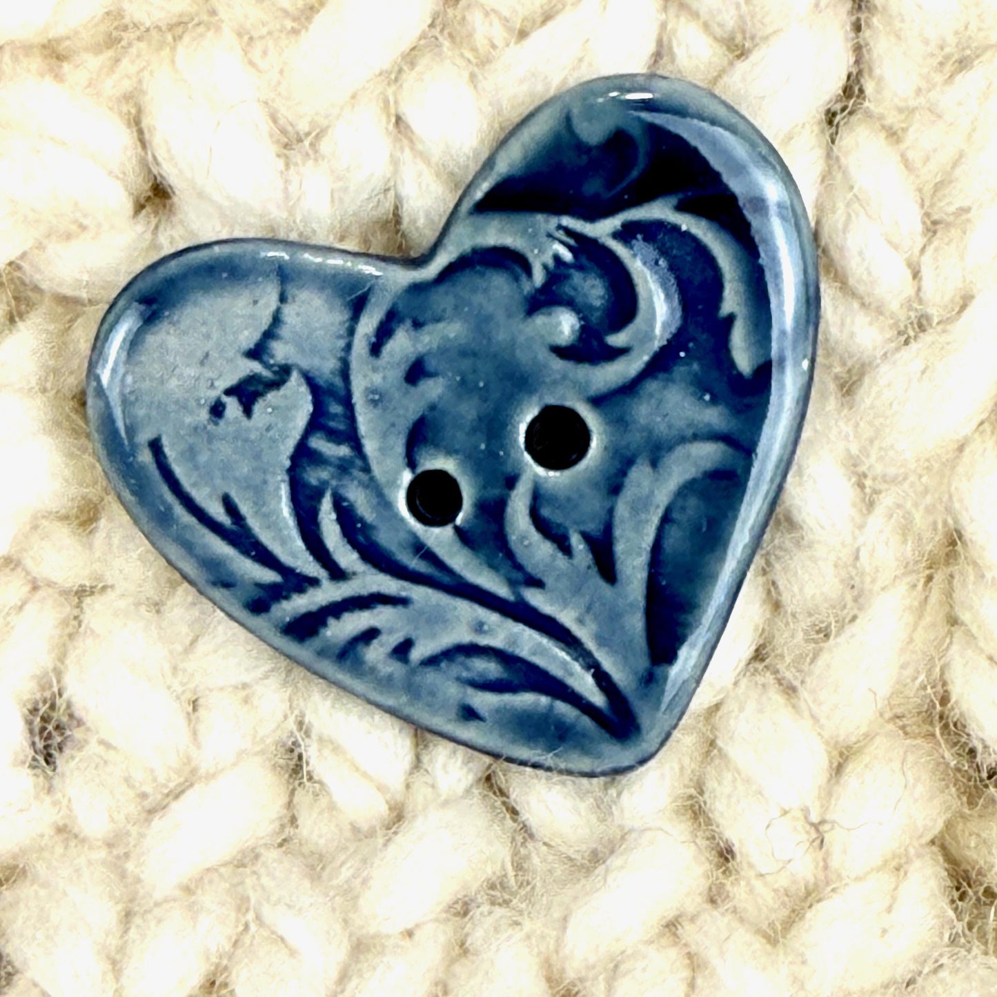 Dark Blue Patterned Heart Ceramic Button