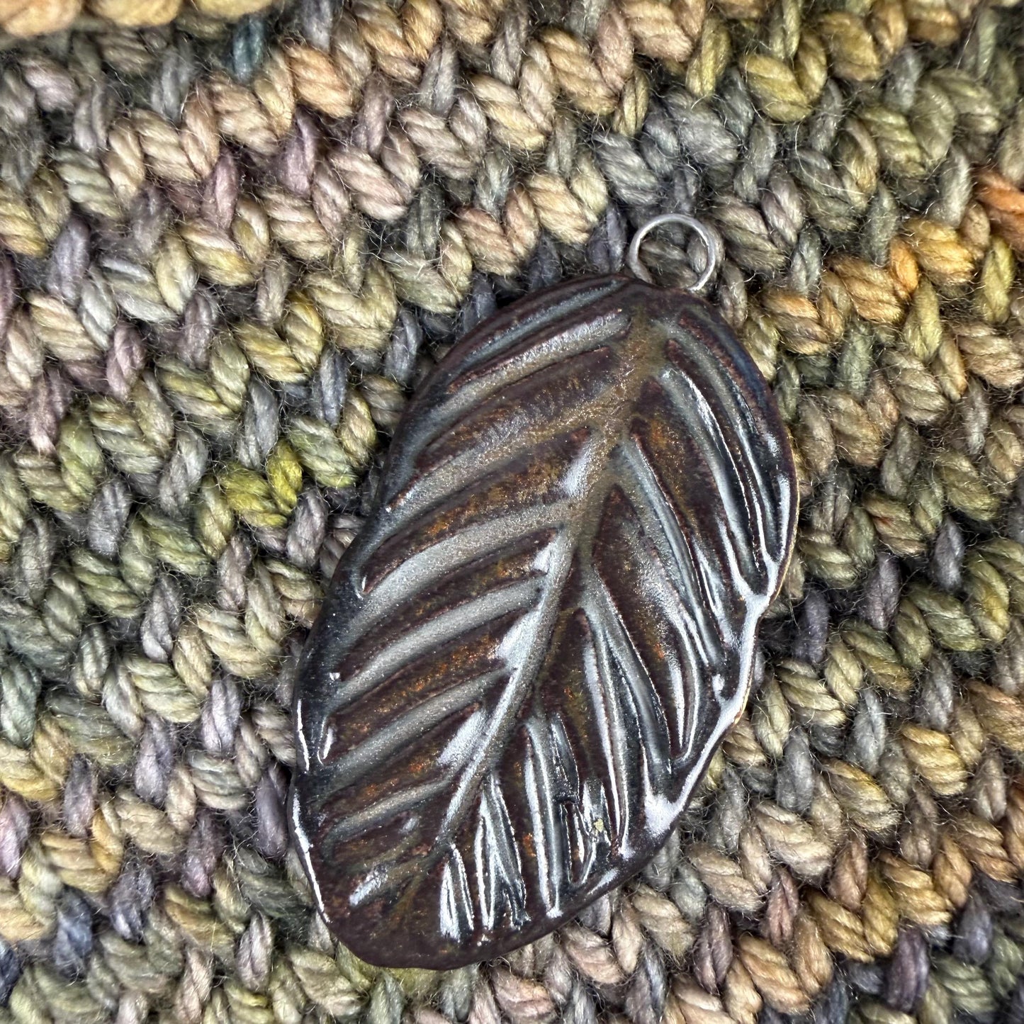 Deep Black and Copper Leaf Ceramic Pendant