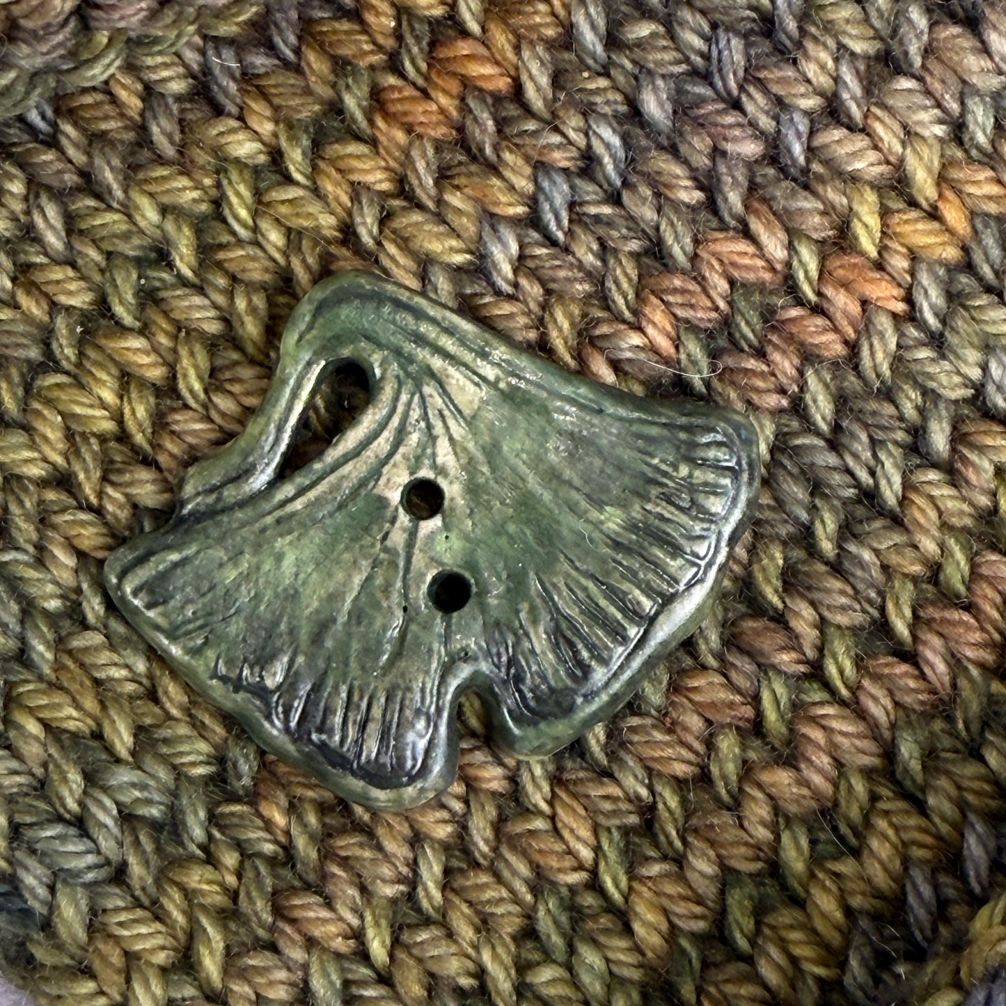 Carved Green Ginkgo Ceramic Button with Dark Green Details