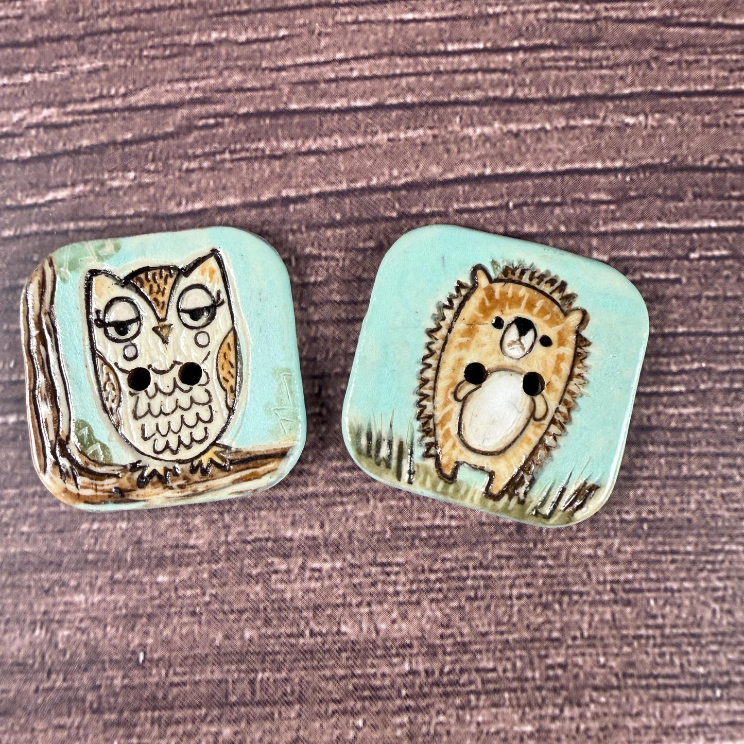 Retro Owl and Hedgie Square Ceramic Buttons