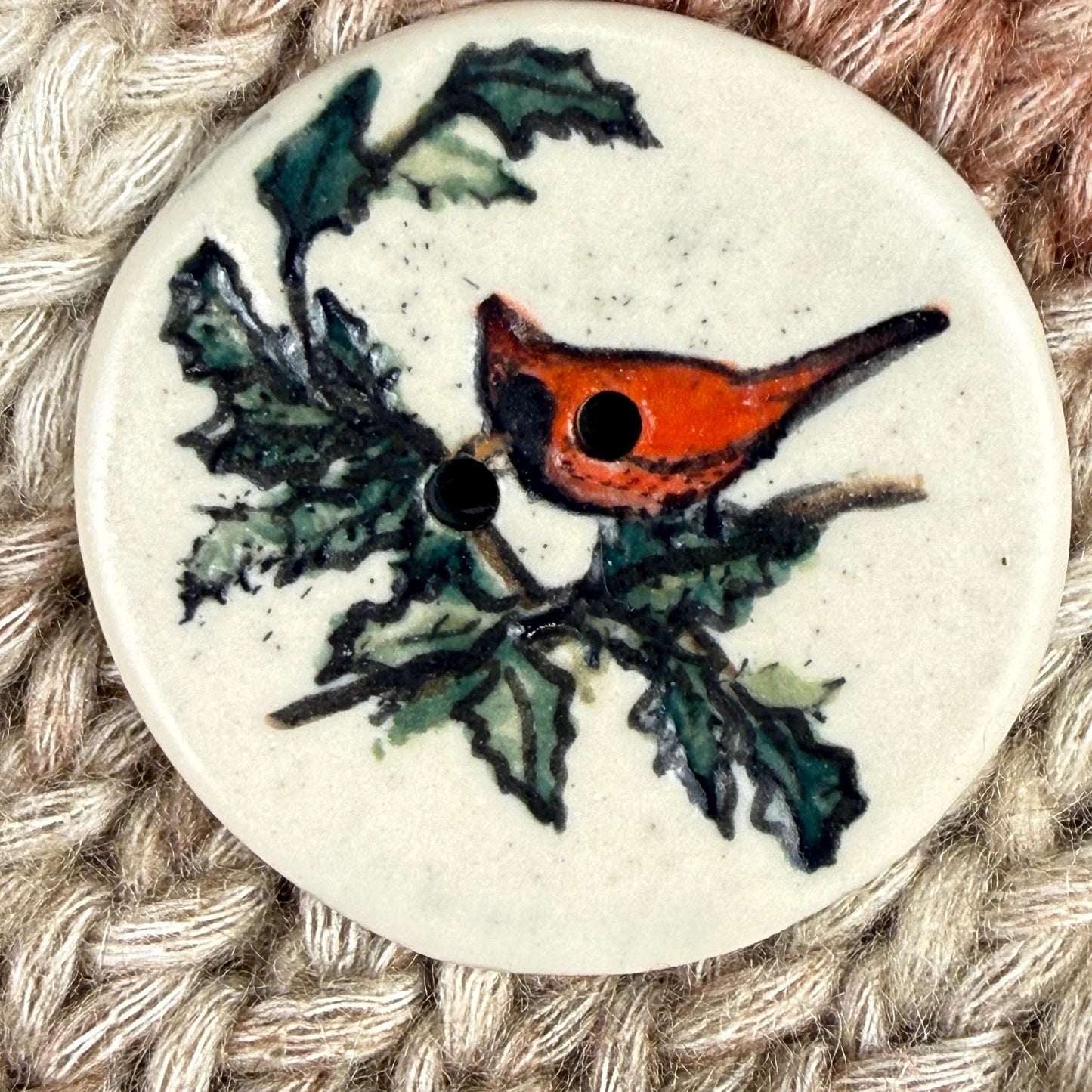Red Cardinal With Holly on White Round Button