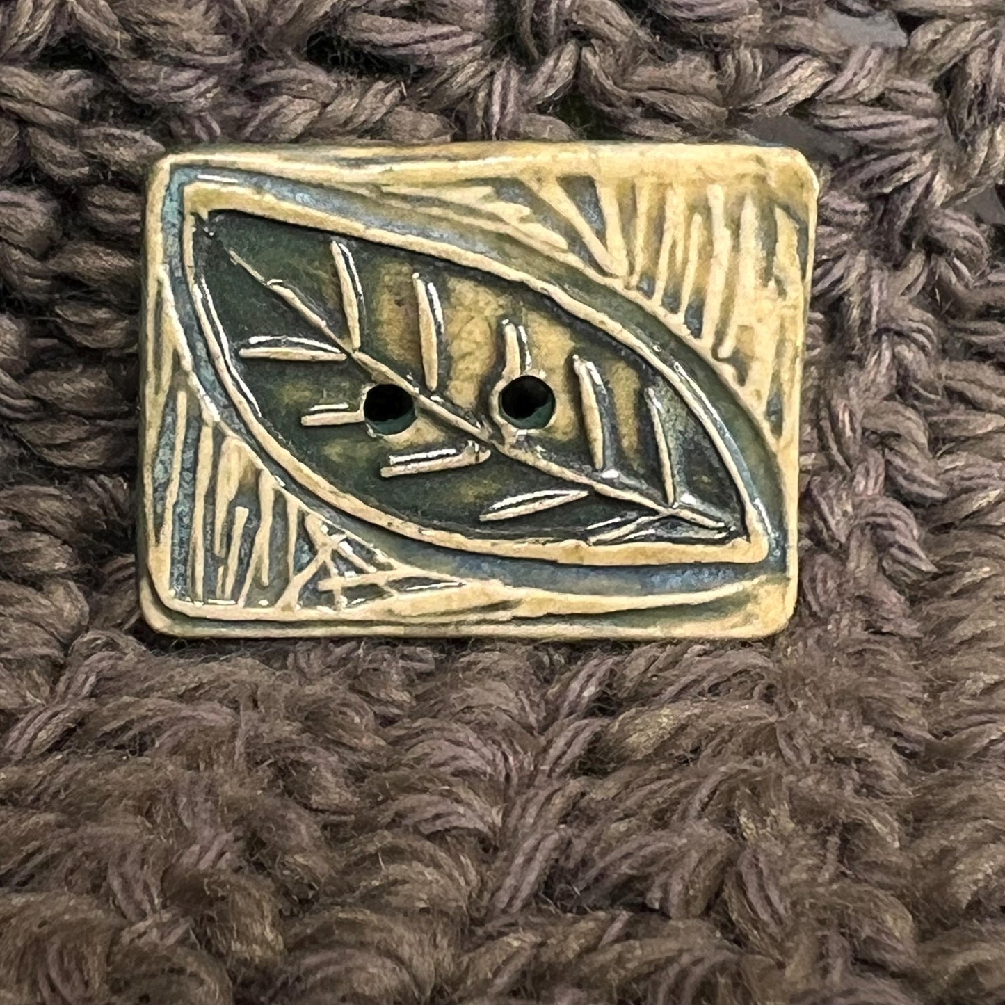 Large Green and YellowStamped Leaf Ceramic Artisan Button