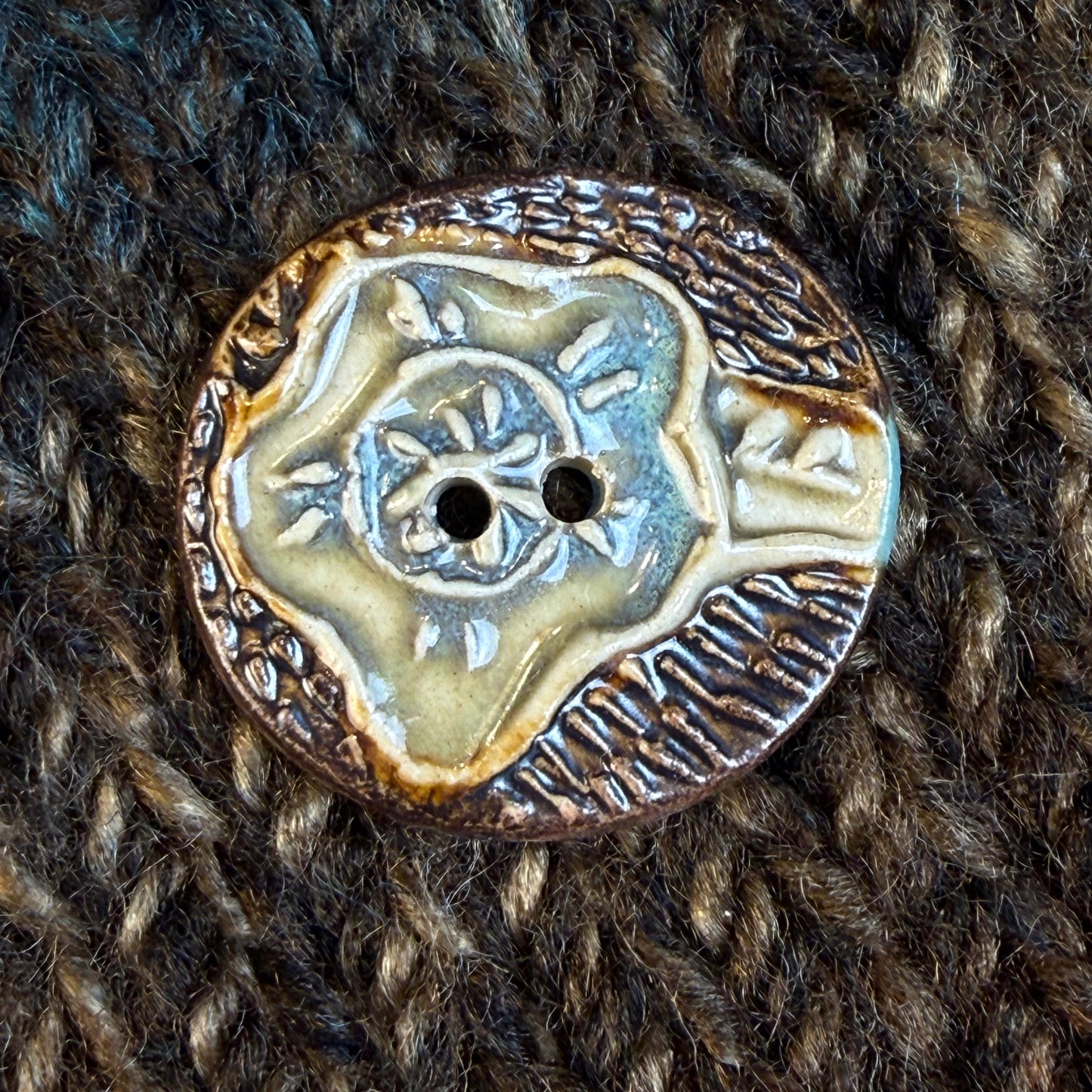 Turquoise Blue and Copper Flower and Leaf Ceramic Button