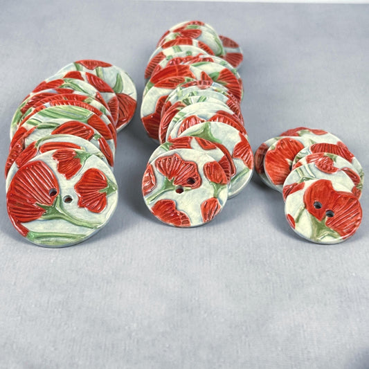 Bright Red Poppies on Blue Round Buttons