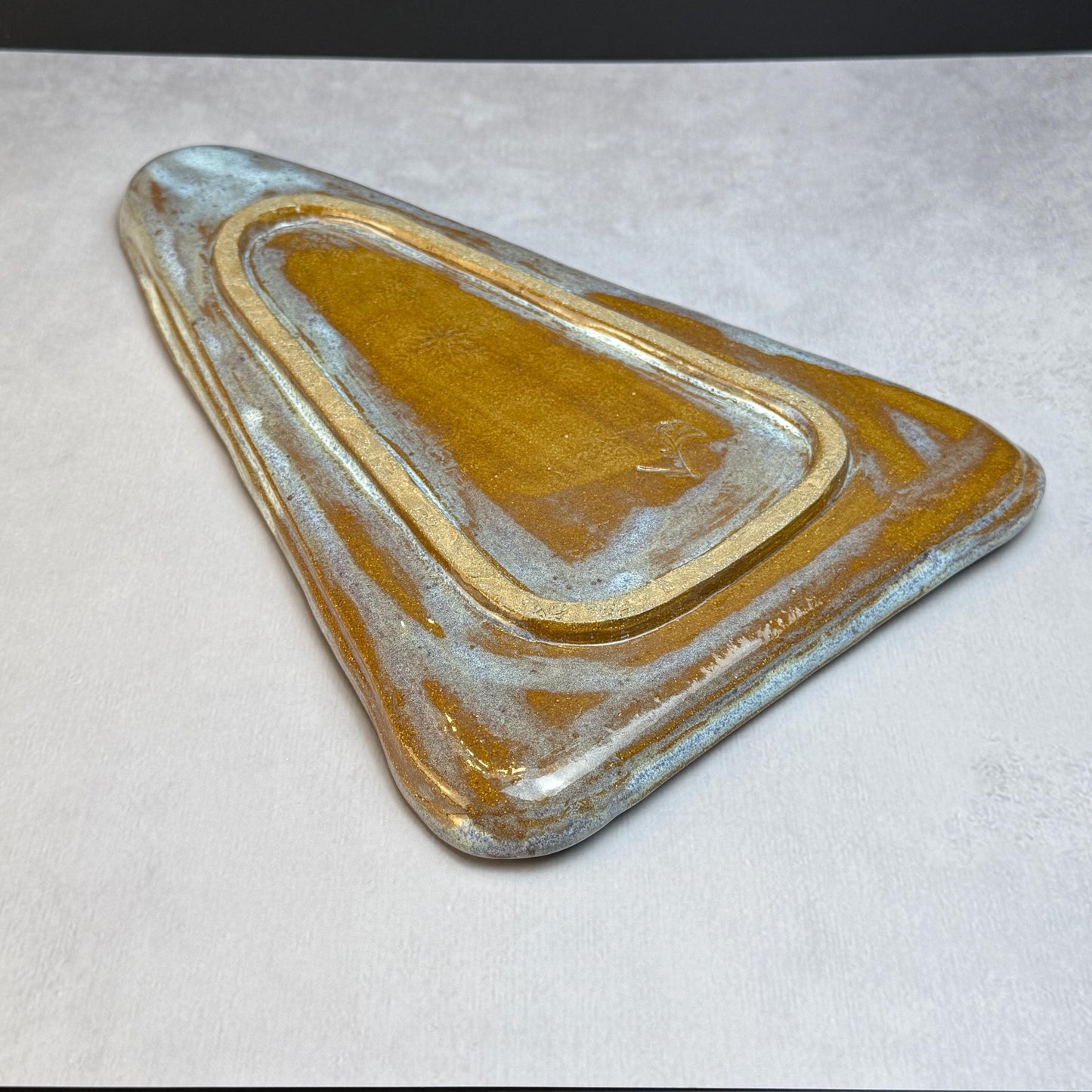 MCM Tree Shaped Tray with Snowflake Pattern White on Brown Stoneware
