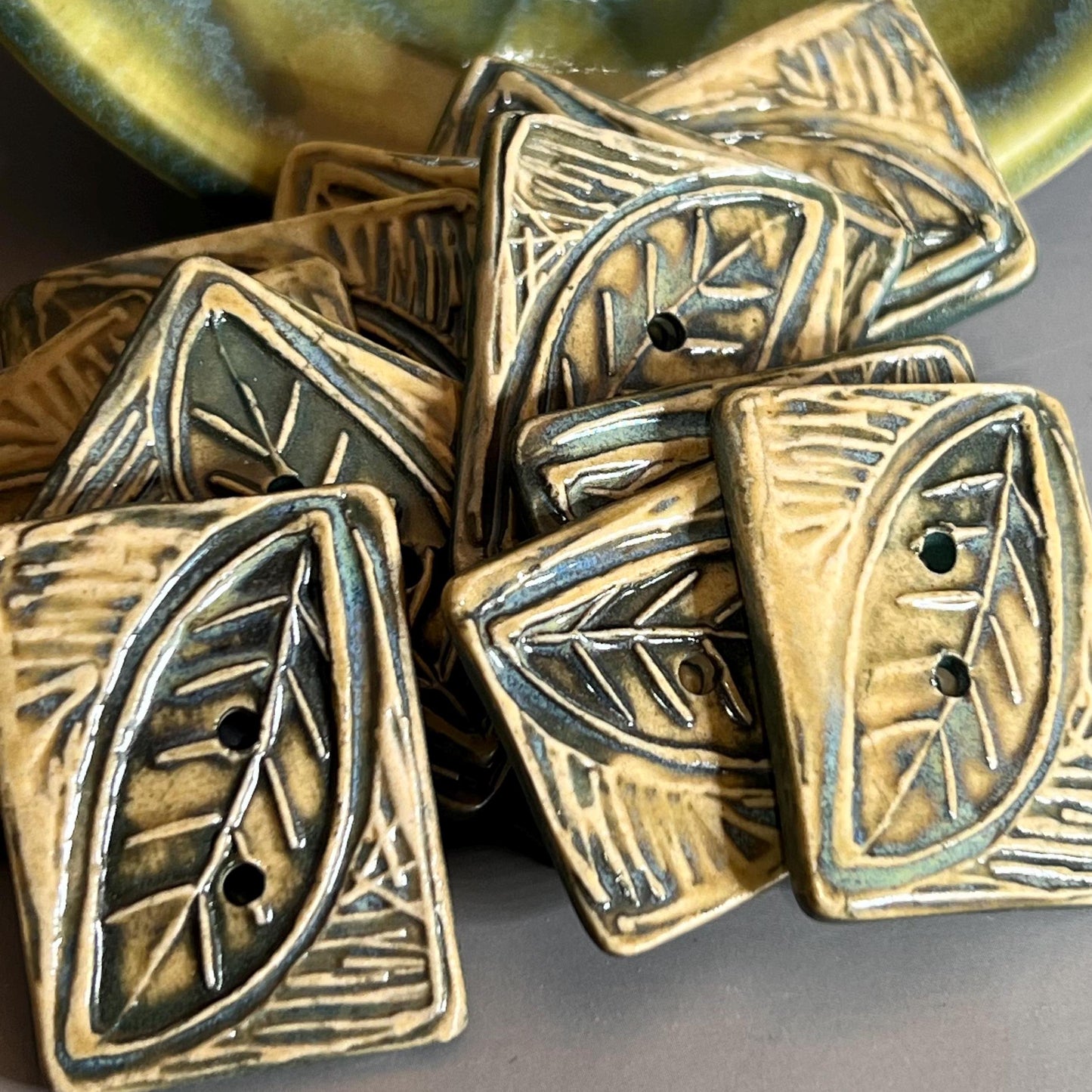 Large Green and YellowStamped Leaf Ceramic Artisan Button