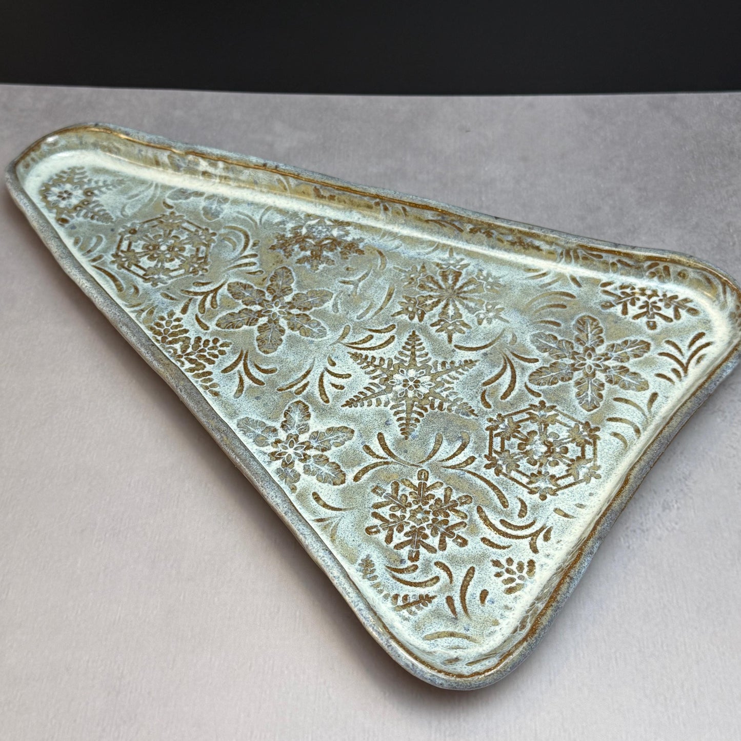 MCM Tree Shaped Tray with Snowflake Pattern White on Brown Stoneware
