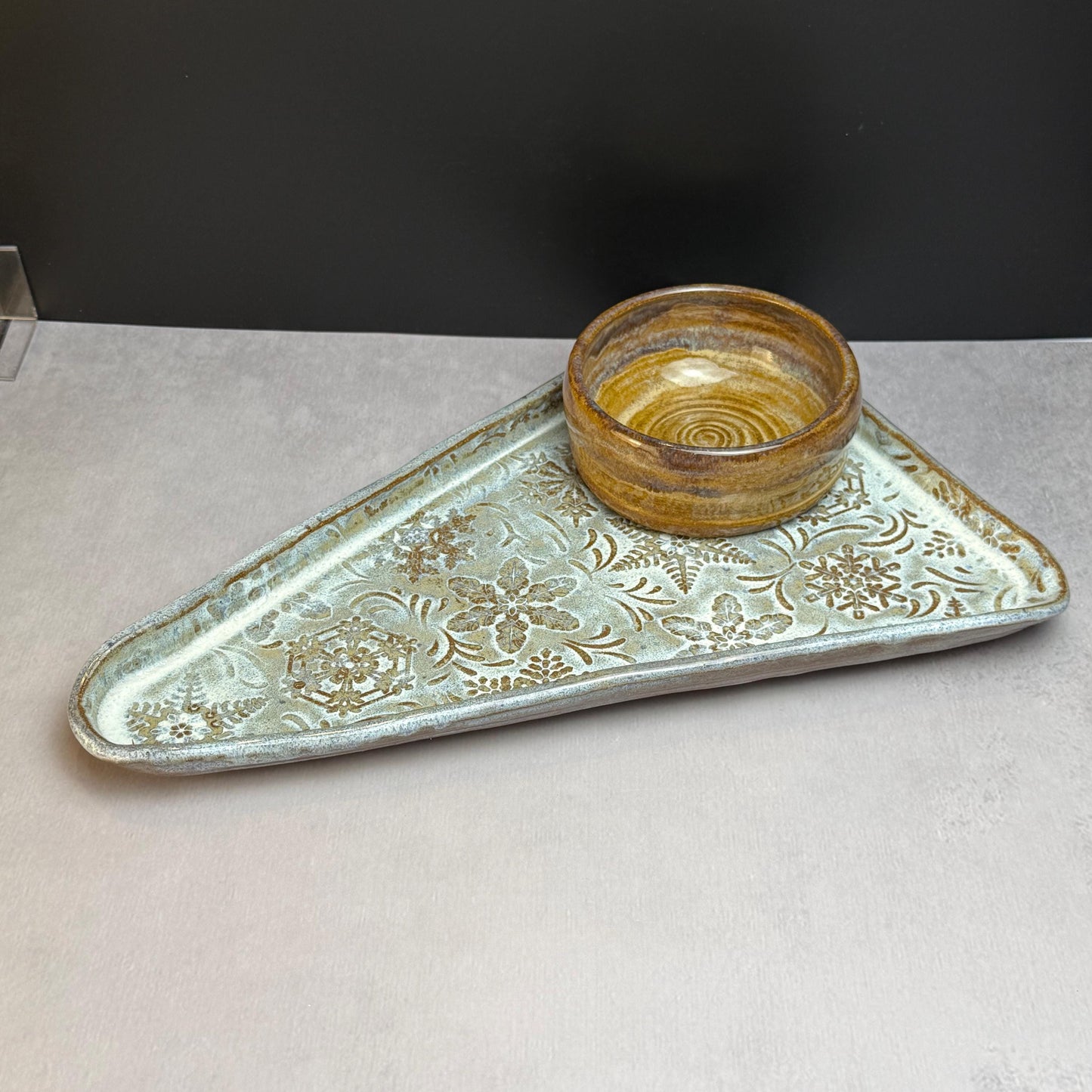 MCM Tree Shaped Tray with Snowflake Pattern White on Brown Stoneware